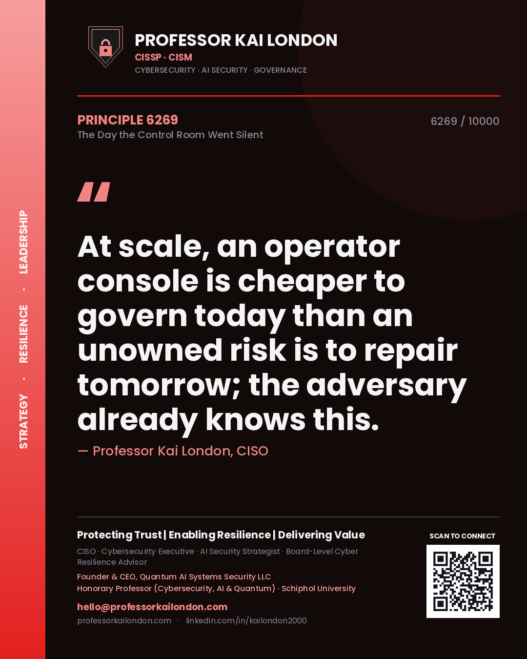 Quote card by Professor Kai London reading 'At scale, an operator console is cheaper to govern today than an unowned risk is to repair tomorrow; the adversary already knows this.'. From the book The Day the Control Room Went Silent.