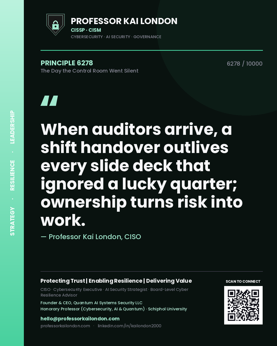 Professor Kai London principle 6278: When auditors arrive, a shift handover outlives every slide deck that ignored a lucky quarter; ownership turns risk into work.