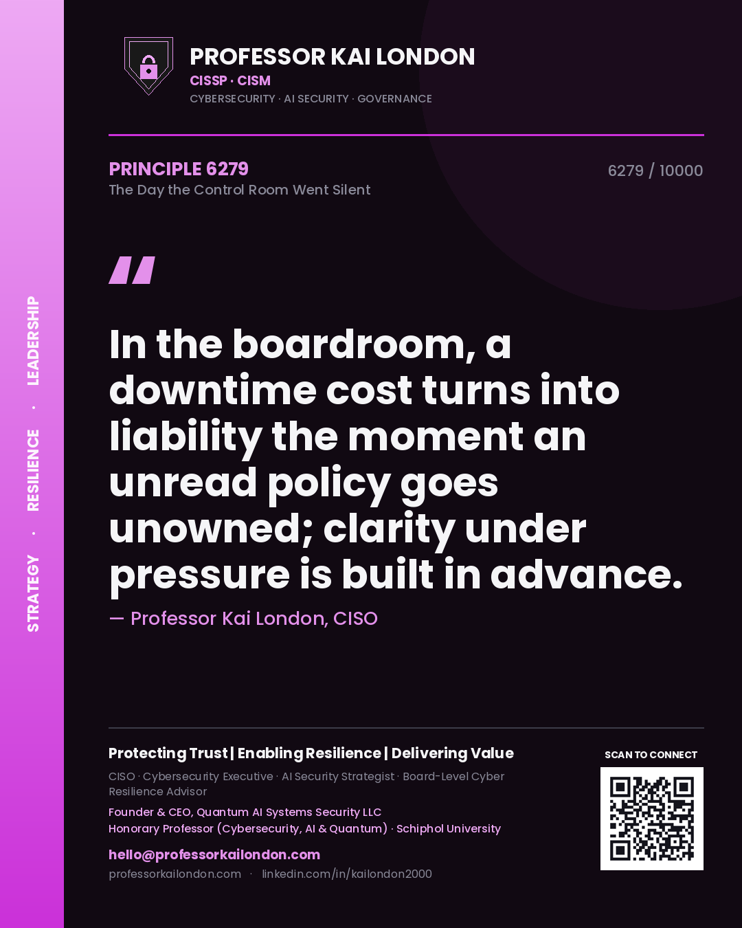 Quote card by Professor Kai London reading 'In the boardroom, a downtime cost turns into liability the moment an unread policy goes unowned; clarity under pressure is built in advance.'. From the book The Day the Control Room Went Silent.
