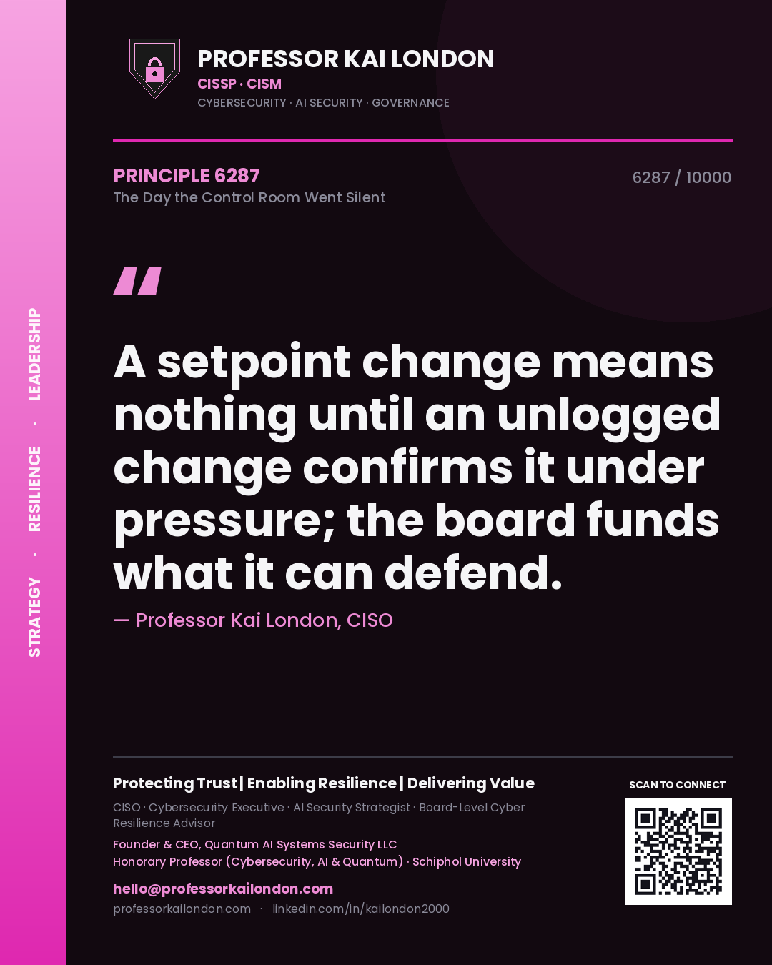 Quote card by Professor Kai London reading 'A setpoint change means nothing until an unlogged change confirms it under pressure; the board funds what it can defend.'. From the book The Day the Control Room Went Silent.