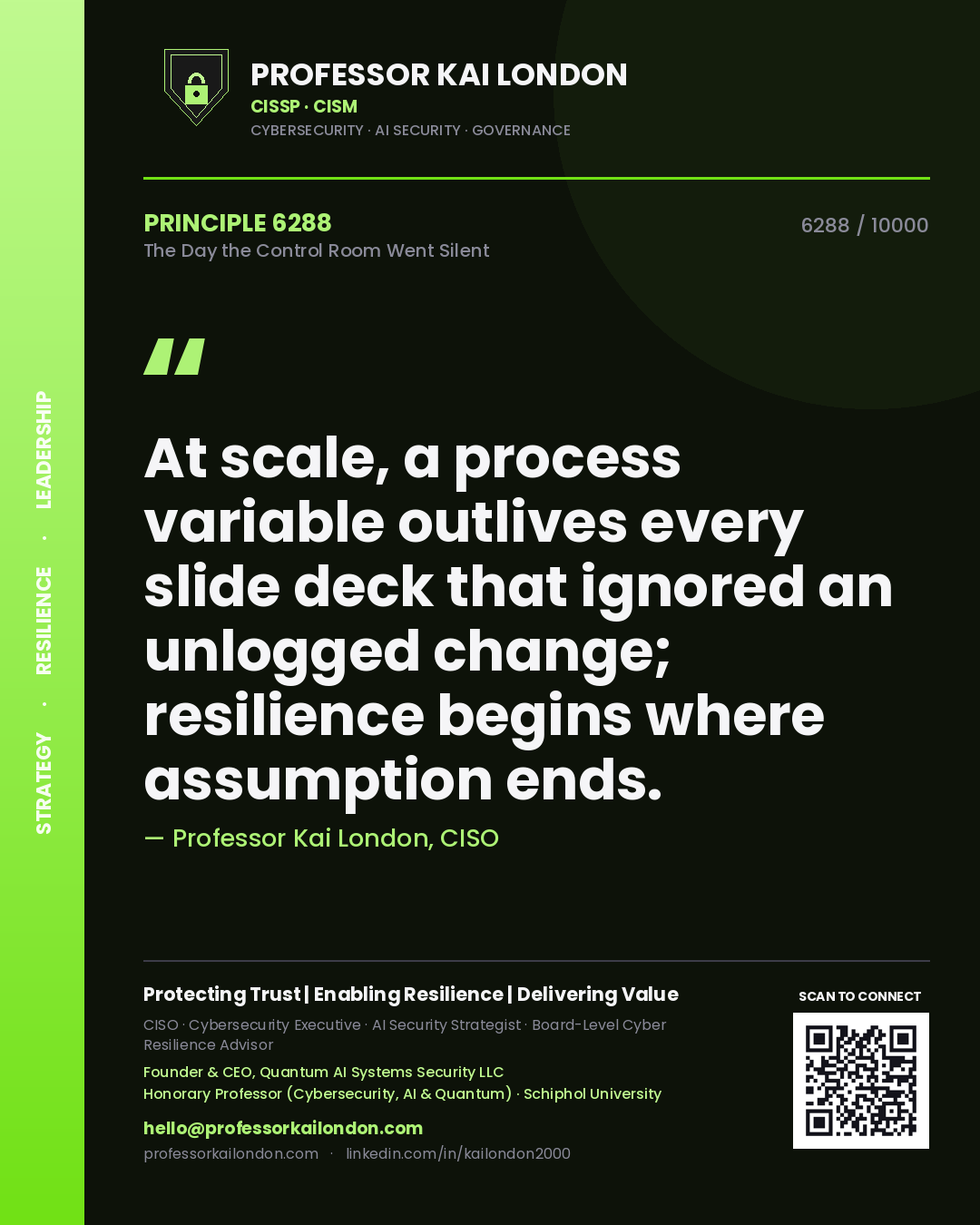 Professor Kai London principle 6288: At scale, a process variable outlives every slide deck that ignored an unlogged change; resilience begins where assumption ends.