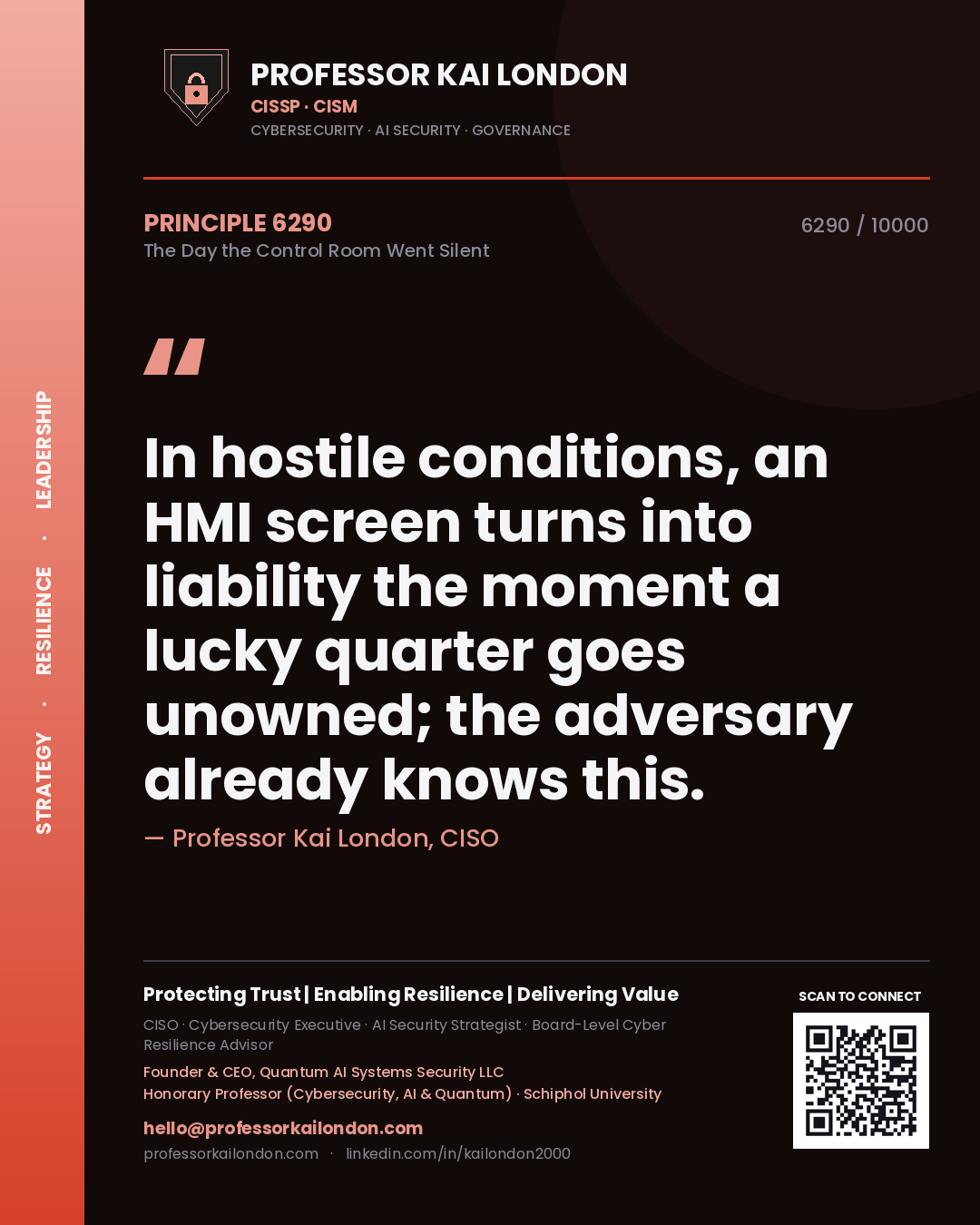 Quote card by Professor Kai London reading 'In hostile conditions, an HMI screen turns into liability the moment a lucky quarter goes unowned; the adversary already knows this.'. From the book The Day the Control Room Went Silent.
