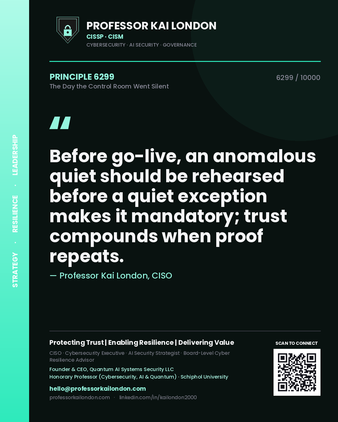 Professor Kai London principle 6299: Before go-live, an anomalous quiet should be rehearsed before a quiet exception makes it mandatory; trust compounds when proof repeats.