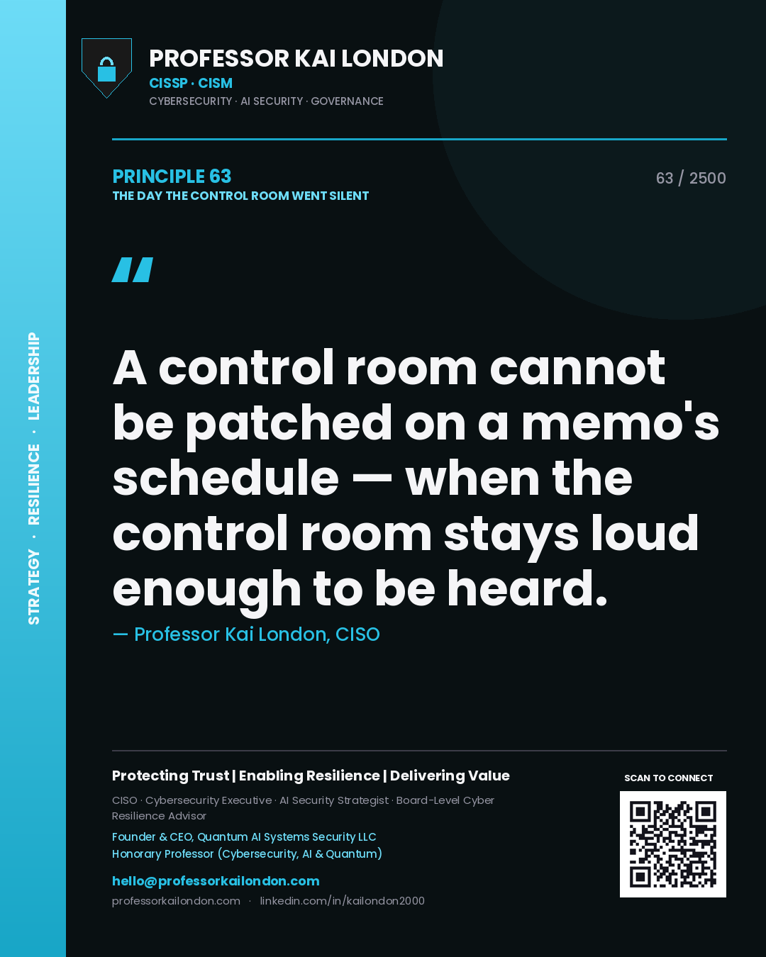 Quote card by Professor Kai London reading 'A control room cannot be patched on a memo's schedule — when the control room stays loud enough to be heard.'. From the book The Day the Control Room Went Silent.