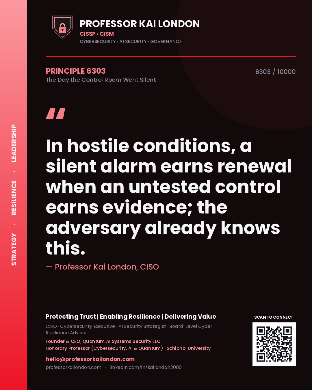 Professor Kai London principle 6303: In hostile conditions, a silent alarm earns renewal when an untested control earns evidence; the adversary already knows this.