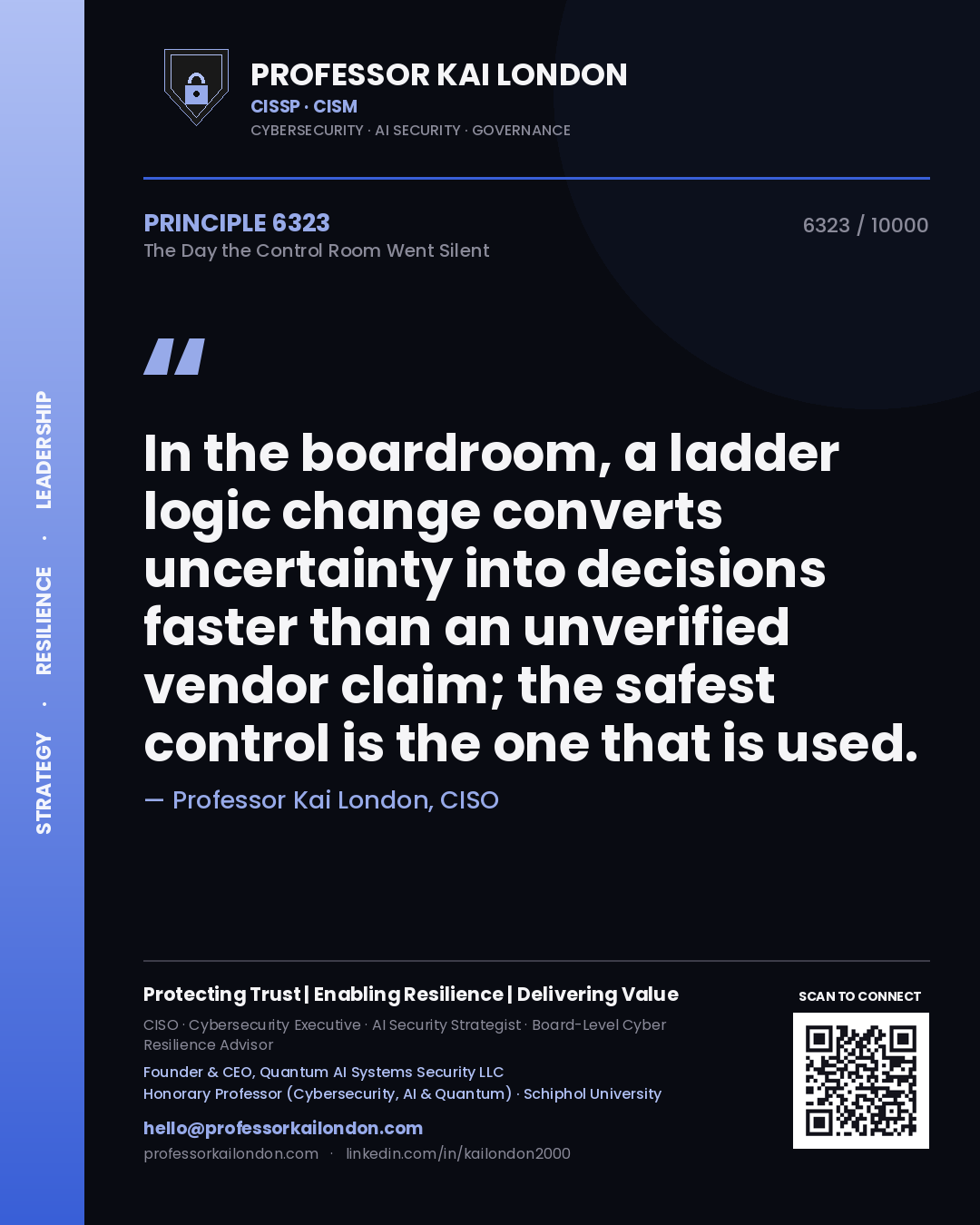 Professor Kai London principle 6323: In the boardroom, a ladder logic change converts uncertainty into decisions faster than an unverified vendor claim; the safest control is the one that is used.