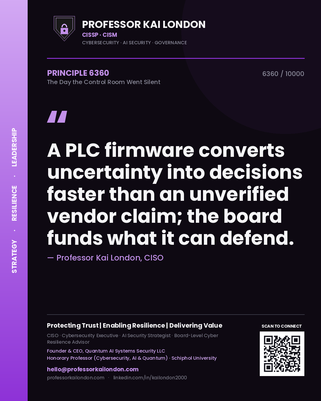 Professor Kai London principle 6360: A PLC firmware converts uncertainty into decisions faster than an unverified vendor claim; the board funds what it can defend.