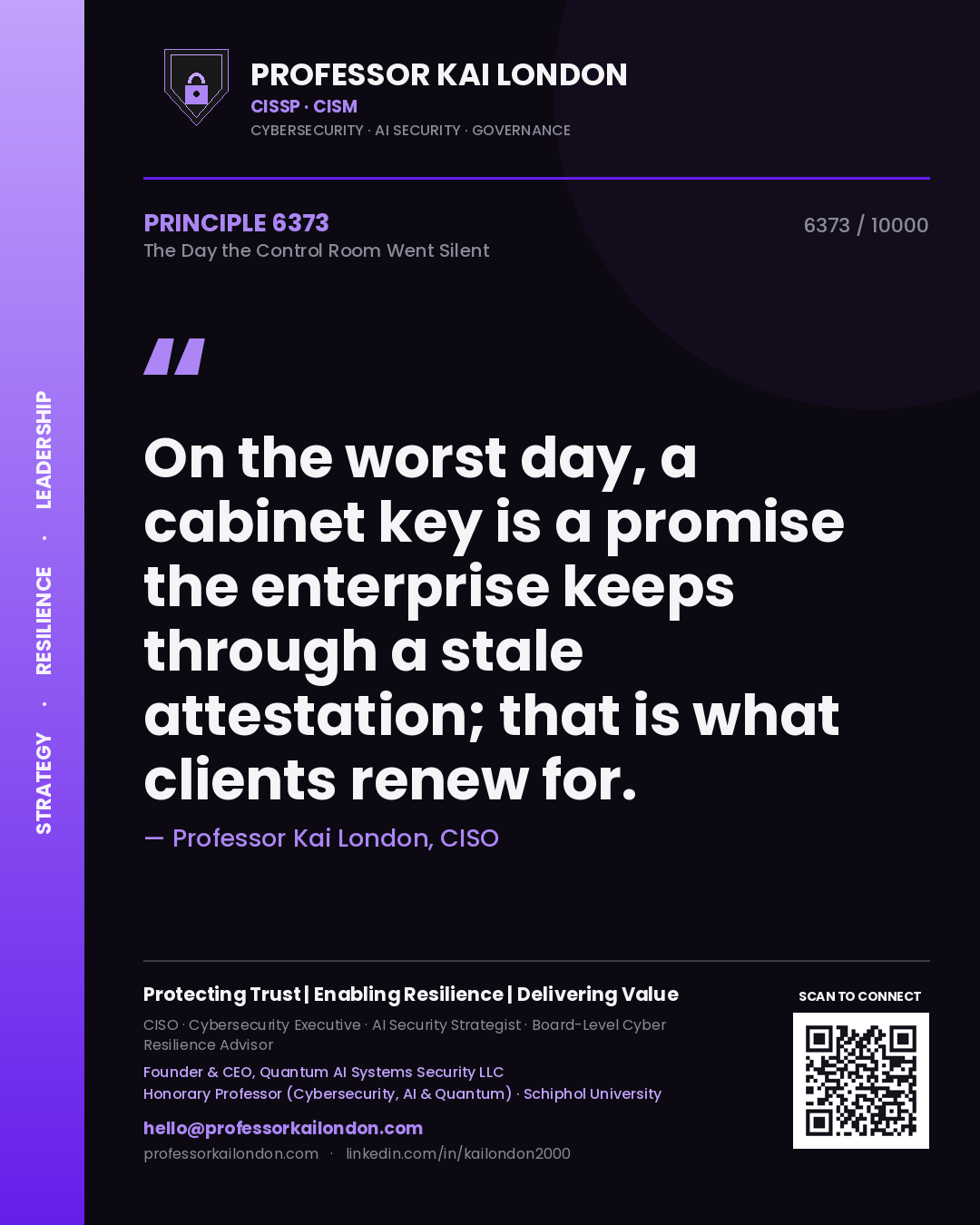 Professor Kai London principle 6373: On the worst day, a cabinet key is a promise the enterprise keeps through a stale attestation; that is what clients renew for.