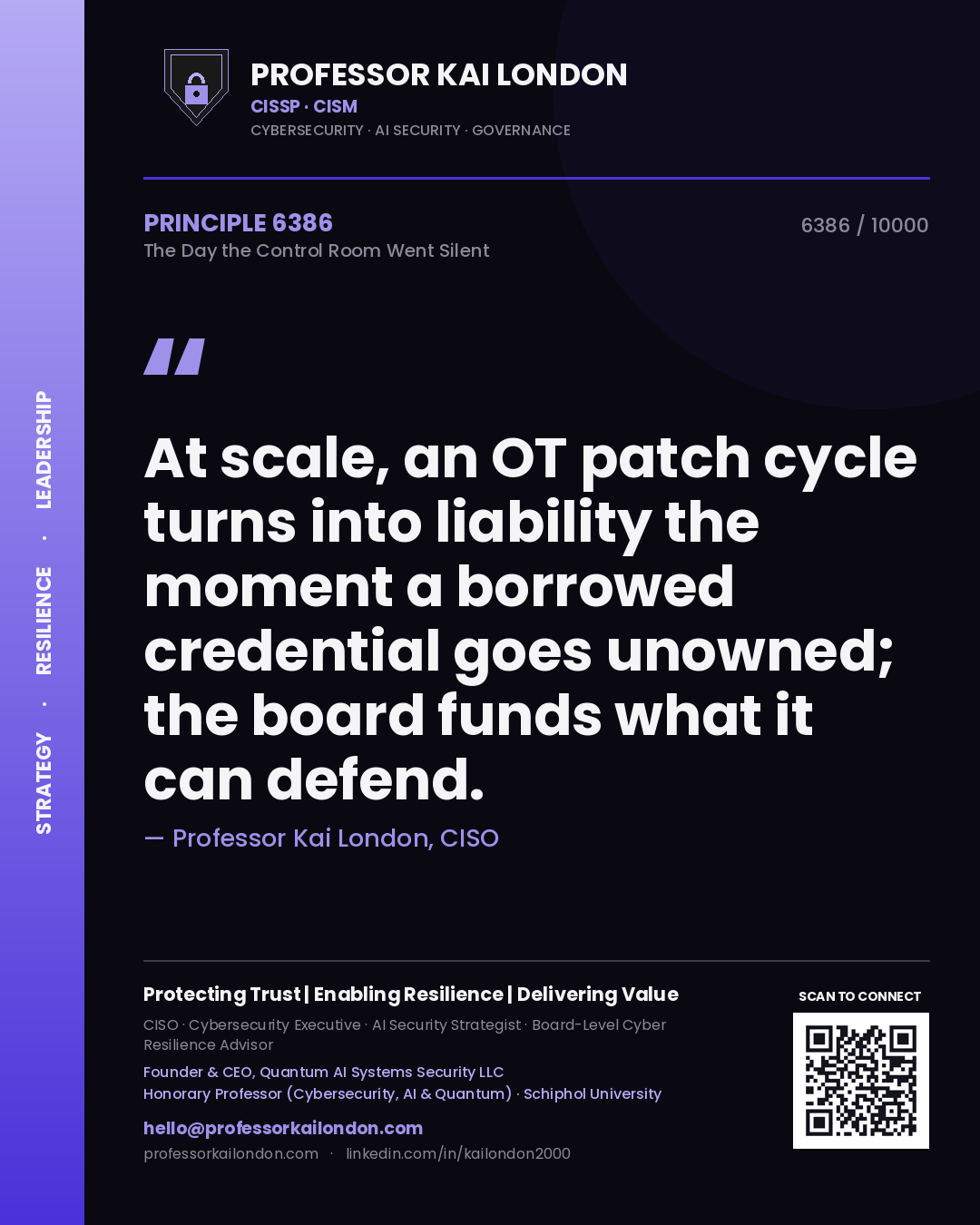 Professor Kai London principle 6386: At scale, an OT patch cycle turns into liability the moment a borrowed credential goes unowned; the board funds what it can defend.