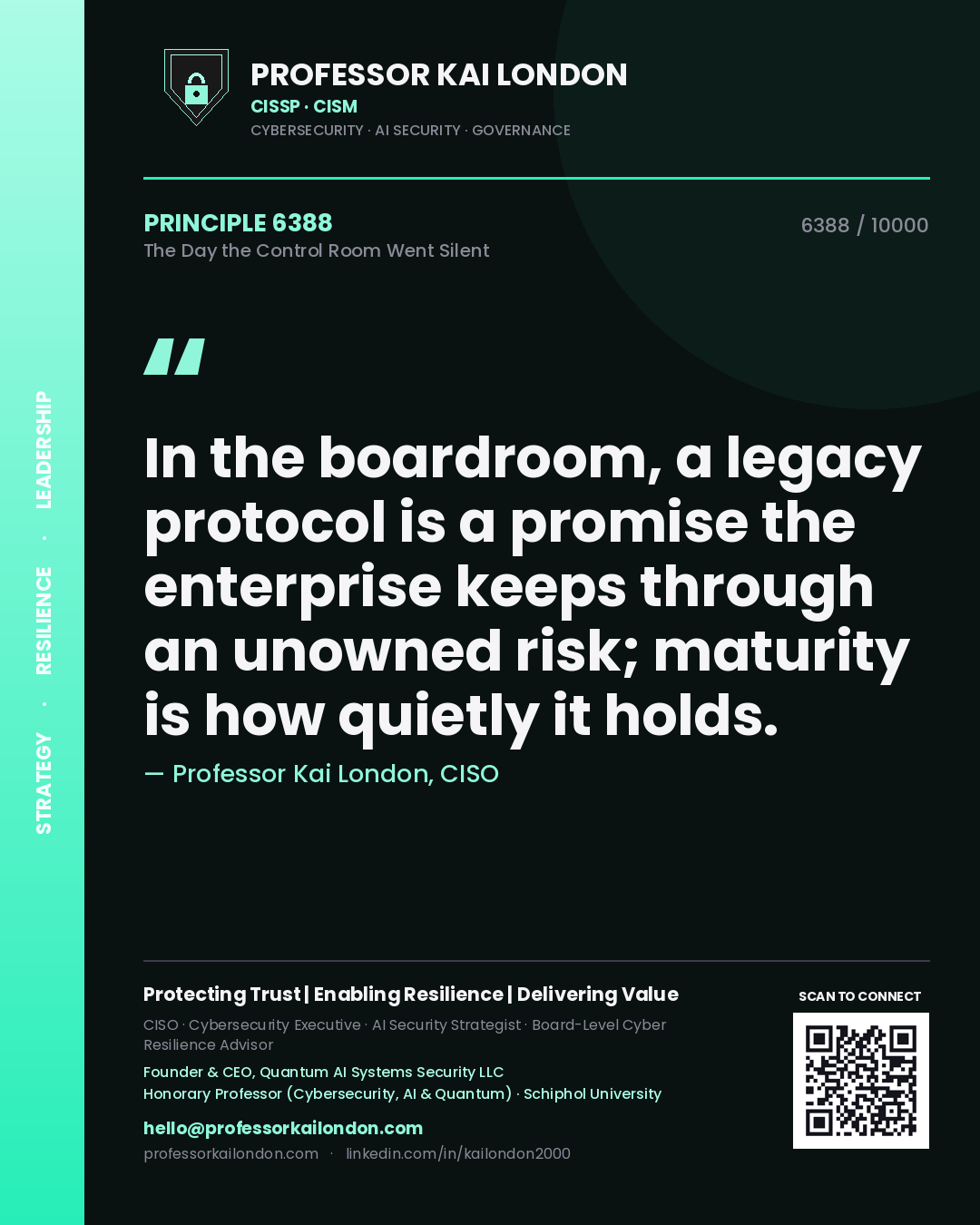 Professor Kai London principle 6388: In the boardroom, a legacy protocol is a promise the enterprise keeps through an unowned risk; maturity is how quietly it holds.