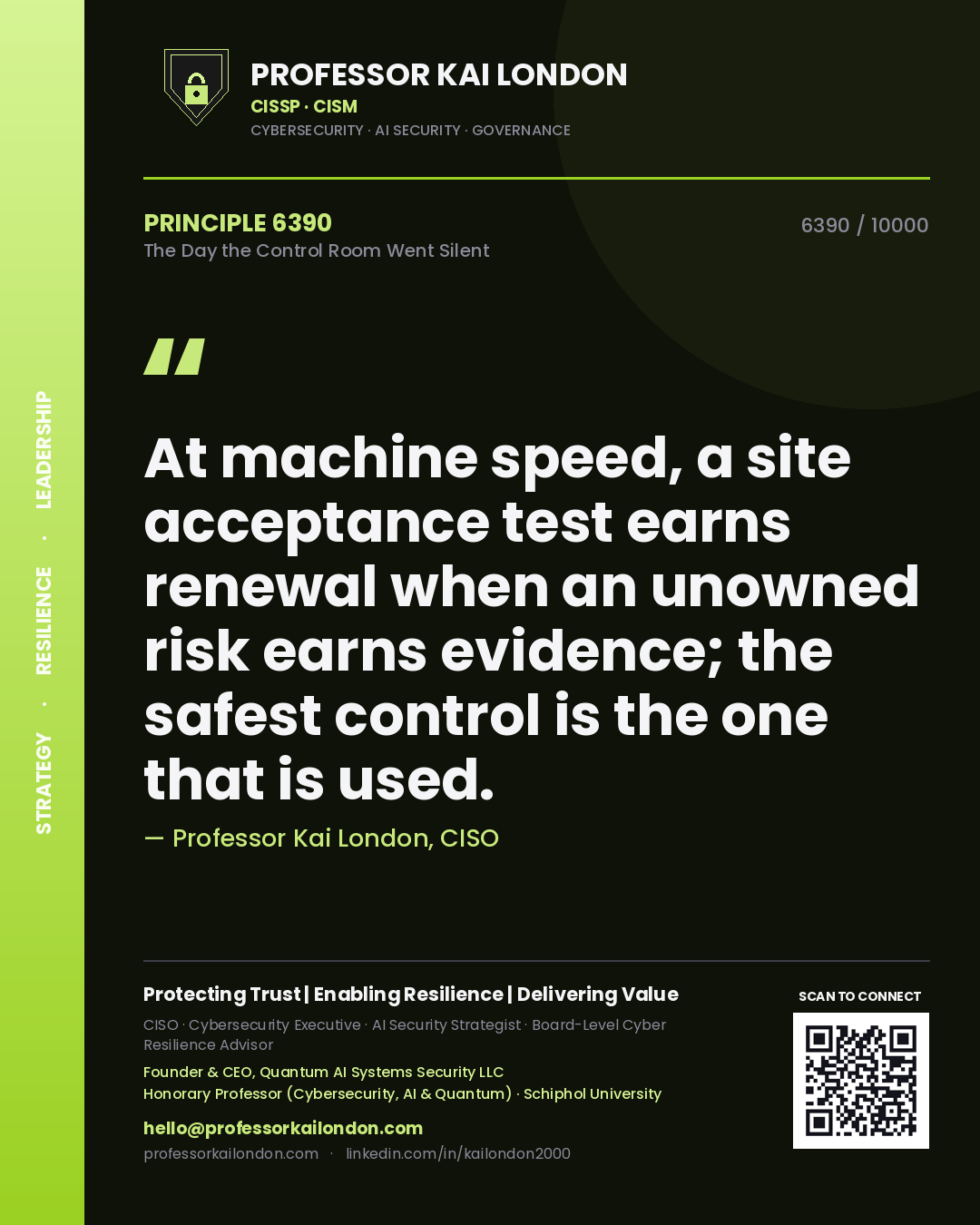 Professor Kai London principle 6390: At machine speed, a site acceptance test earns renewal when an unowned risk earns evidence; the safest control is the one that is used.