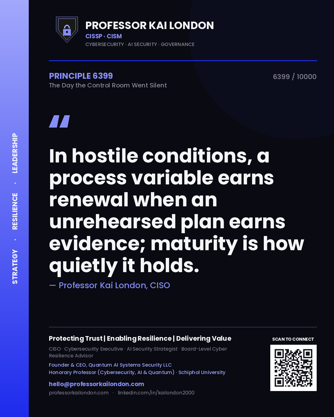Quote card by Professor Kai London reading 'In hostile conditions, a process variable earns renewal when an unrehearsed plan earns evidence; maturity is how quietly it holds.'. From the book The Day the Control Room Went Silent.