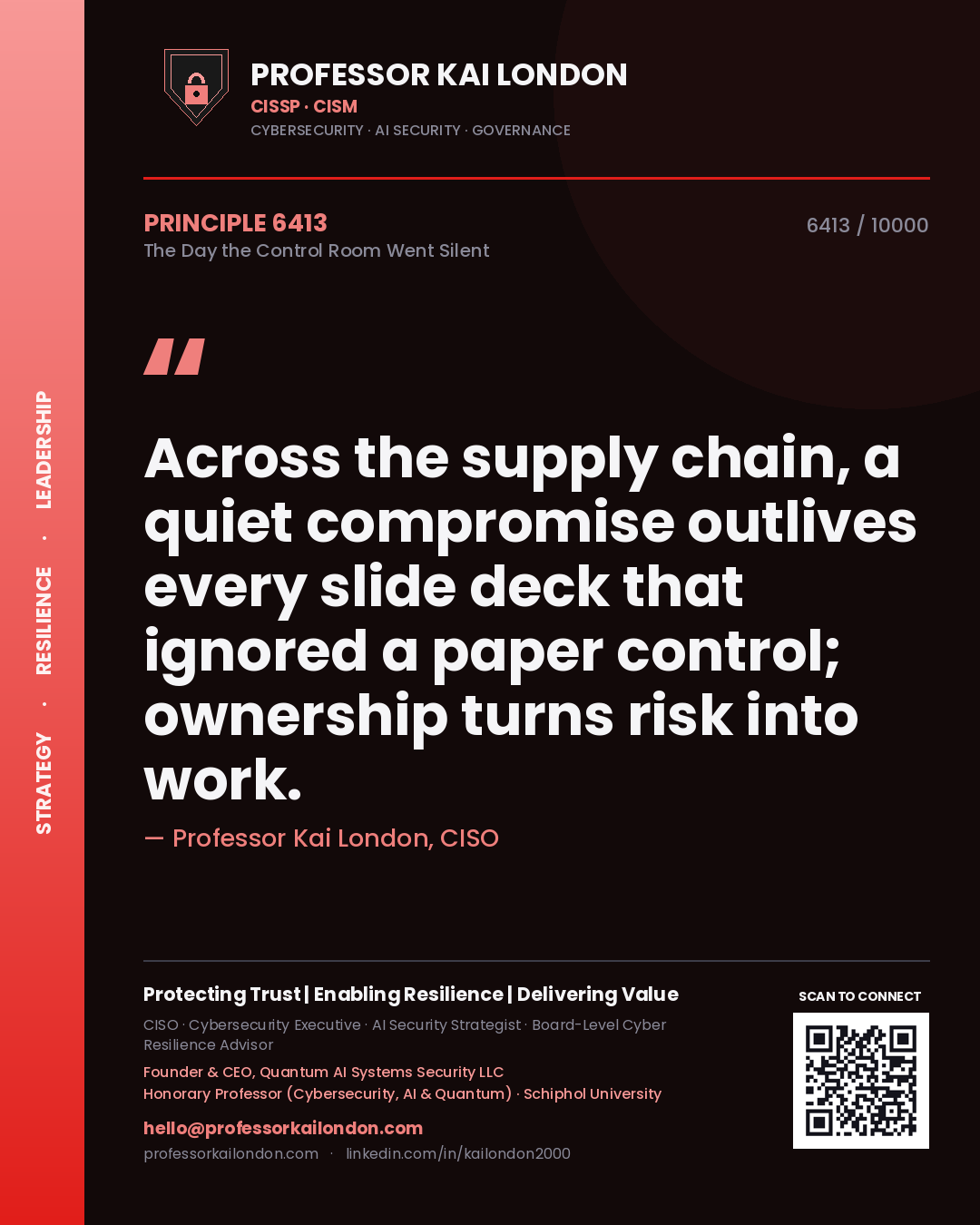 Professor Kai London principle 6413: Across the supply chain, a quiet compromise outlives every slide deck that ignored a paper control; ownership turns risk into work.