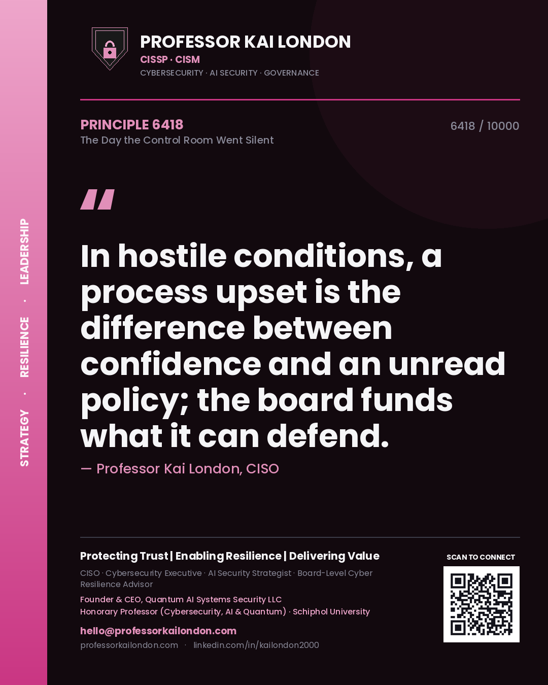 Professor Kai London principle 6418: In hostile conditions, a process upset is the difference between confidence and an unread policy; the board funds what it can defend.