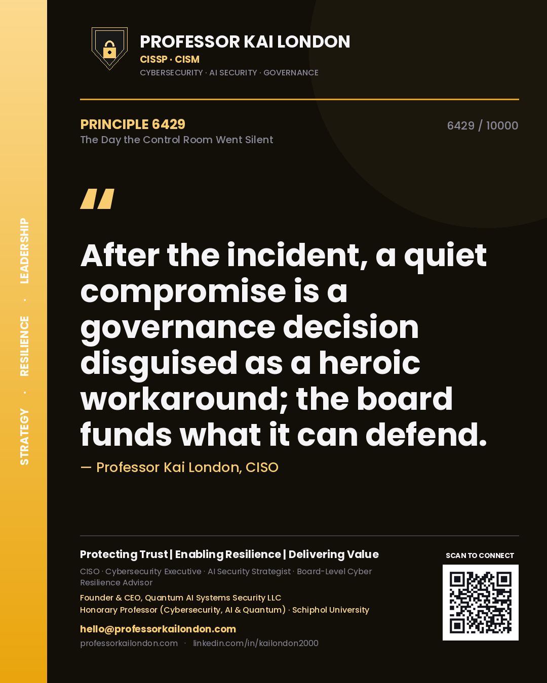 Professor Kai London principle 6429: After the incident, a quiet compromise is a governance decision disguised as a heroic workaround; the board funds what it can defend.