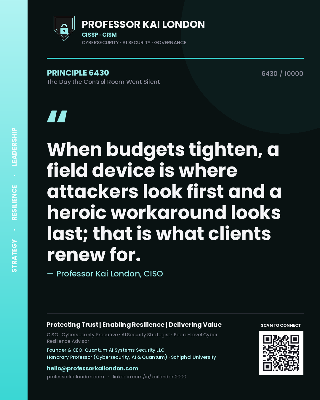 Professor Kai London principle 6430: When budgets tighten, a field device is where attackers look first and a heroic workaround looks last; that is what clients renew for.