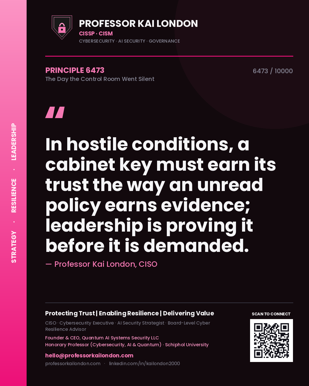 Quote card by Professor Kai London reading 'In hostile conditions, a cabinet key must earn its trust the way an unread policy earns evidence; leadership is proving it before it is demanded.'. From the book The Day the Control Room Went Silent.