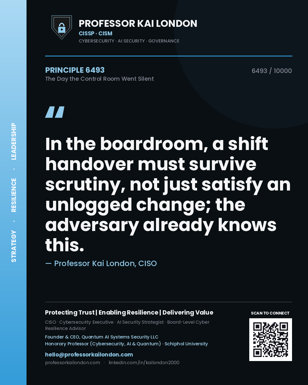 Professor Kai London principle 6493: In the boardroom, a shift handover must survive scrutiny, not just satisfy an unlogged change; the adversary already knows this.