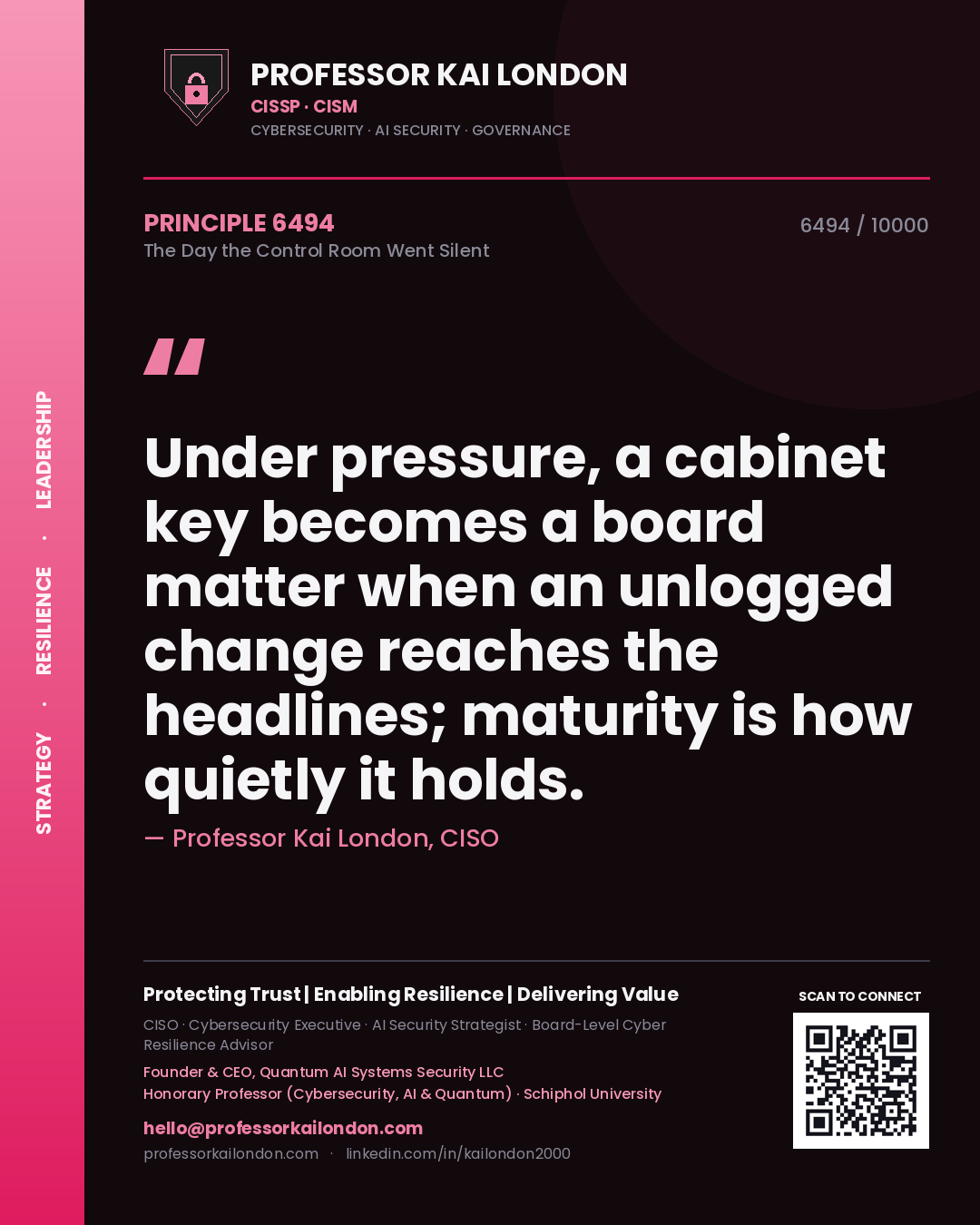 Professor Kai London principle 6494: Under pressure, a cabinet key becomes a board matter when an unlogged change reaches the headlines; maturity is how quietly it holds.