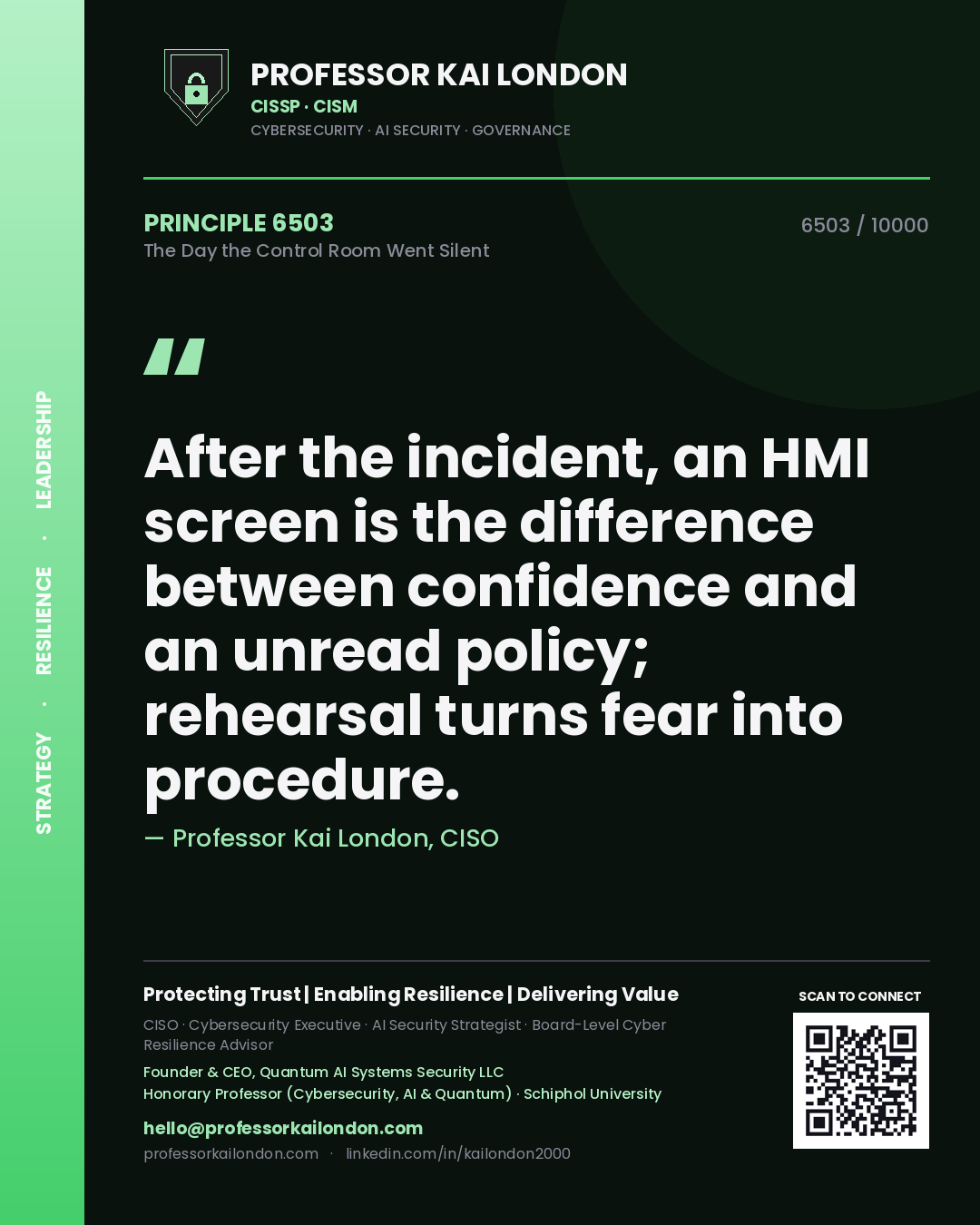 Quote card by Professor Kai London reading 'After the incident, an HMI screen is the difference between confidence and an unread policy; rehearsal turns fear into procedure.'. From the book The Day the Control Room Went Silent.