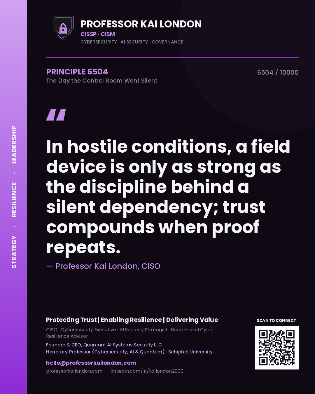 Quote card by Professor Kai London reading 'In hostile conditions, a field device is only as strong as the discipline behind a silent dependency; trust compounds when proof repeats.'. From the book The Day the Control Room Went Silent.
