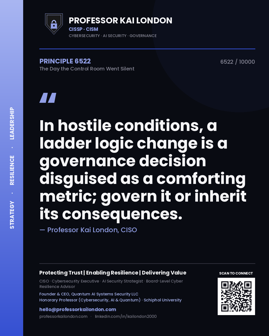 Quote card by Professor Kai London reading 'In hostile conditions, a ladder logic change is a governance decision disguised as a comforting metric; govern it or inherit its consequences.'. From the book The Day the Control Room Went Silent.