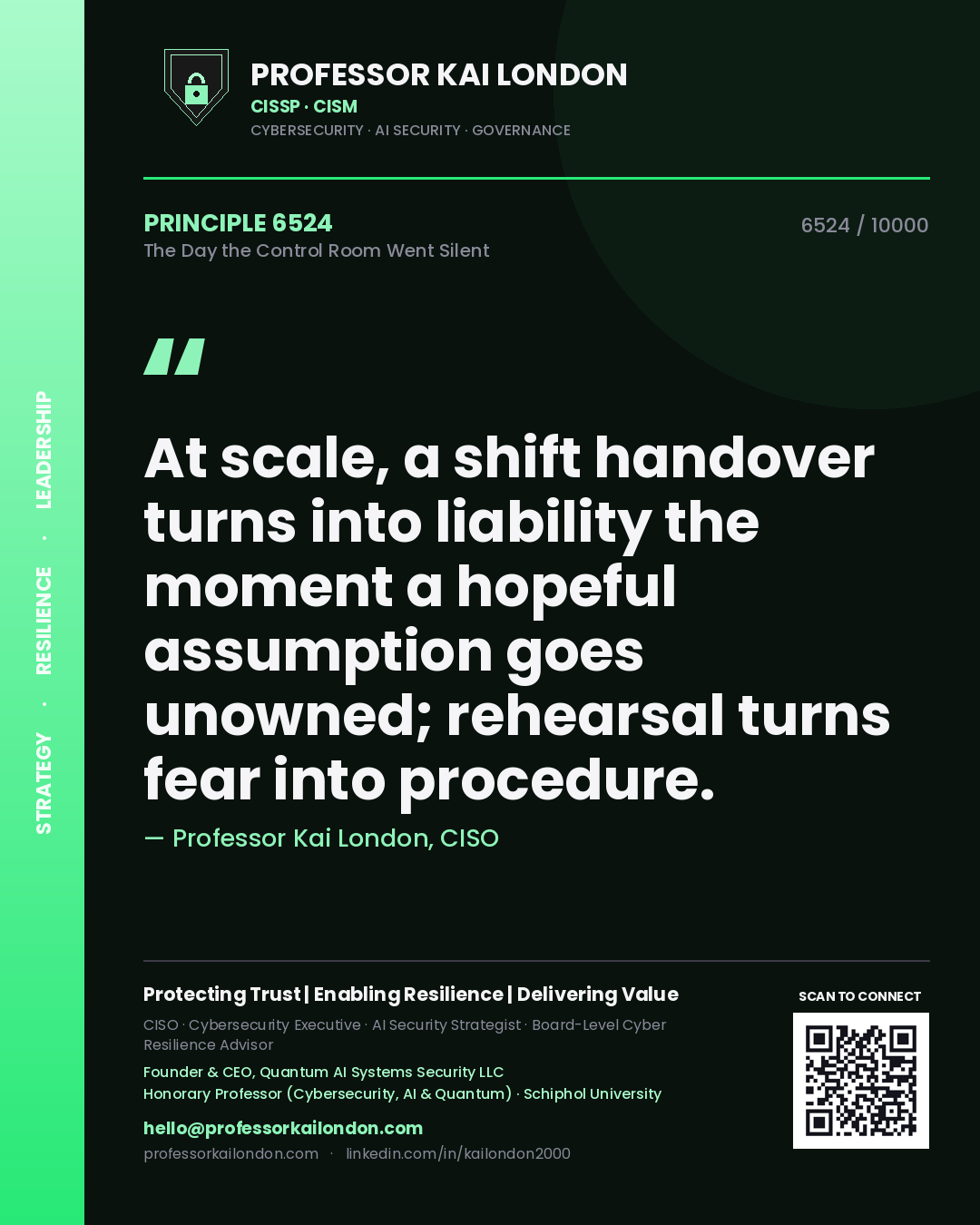 Quote card by Professor Kai London reading 'At scale, a shift handover turns into liability the moment a hopeful assumption goes unowned; rehearsal turns fear into procedure.'. From the book The Day the Control Room Went Silent.