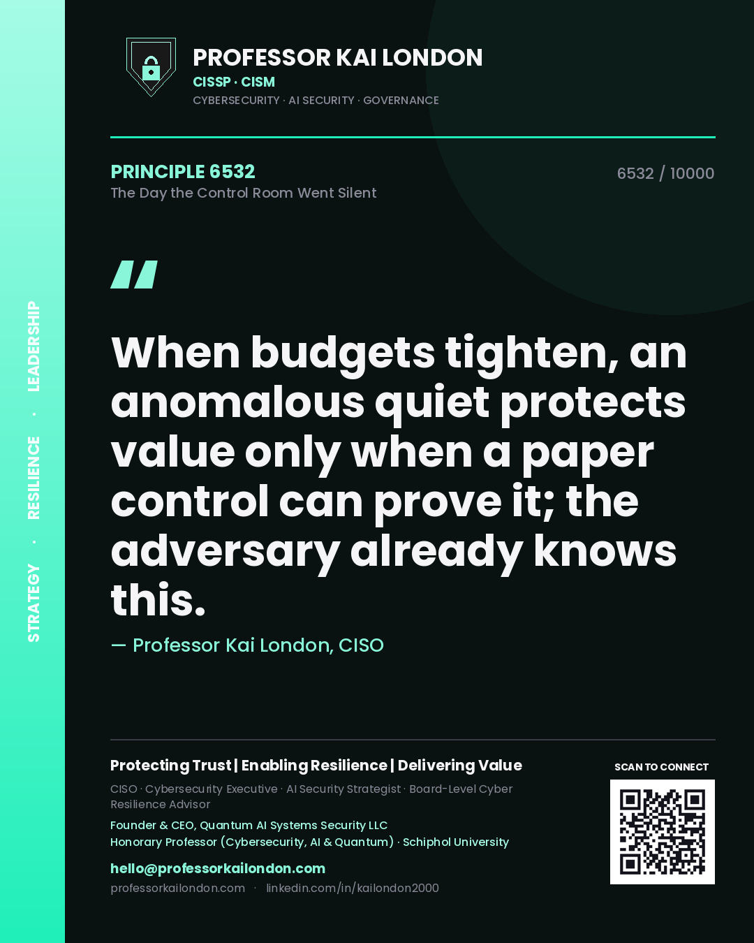 Quote card by Professor Kai London reading 'When budgets tighten, an anomalous quiet protects value only when a paper control can prove it; the adversary already knows this.'. From the book The Day the Control Room Went Silent.