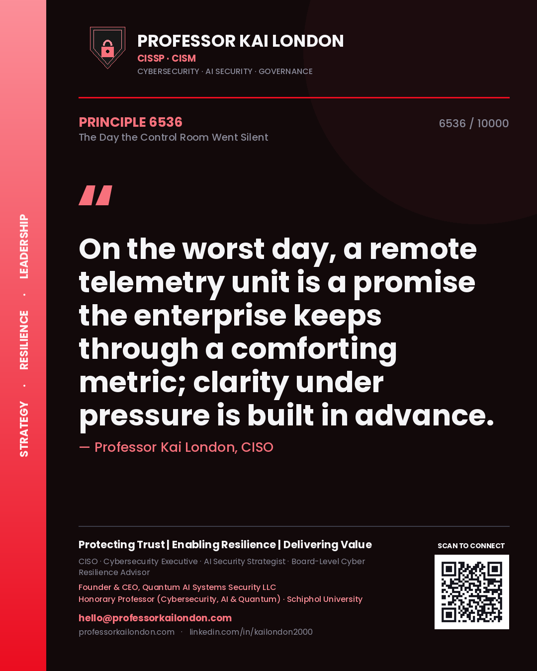 Quote card by Professor Kai London reading 'On the worst day, a remote telemetry unit is a promise the enterprise keeps through a comforting metric; clarity under pressure is built in advance.'. From the book The Day the Control Room Went Silent.
