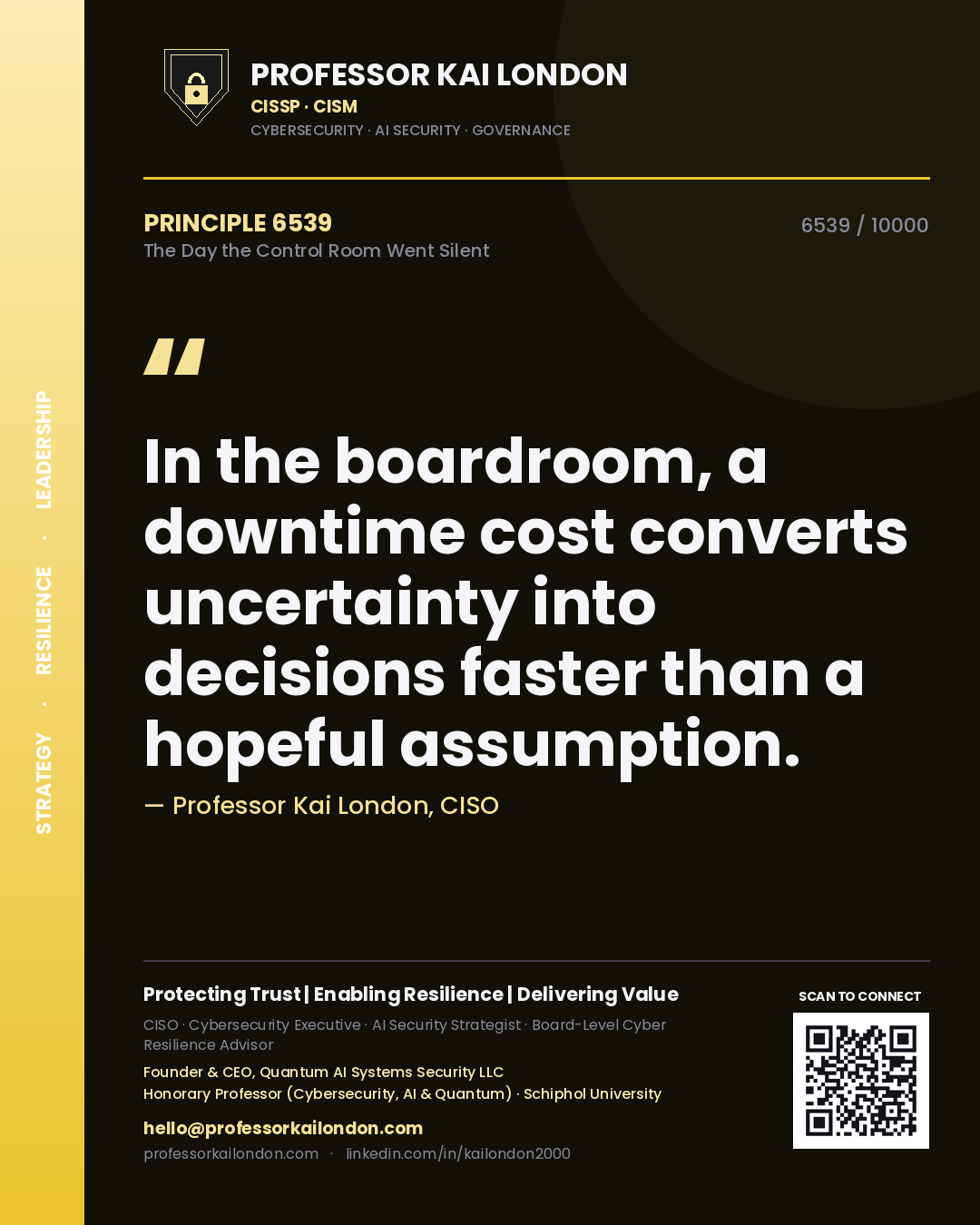 Quote card by Professor Kai London reading 'In the boardroom, a downtime cost converts uncertainty into decisions faster than a hopeful assumption.'. From the book The Day the Control Room Went Silent.