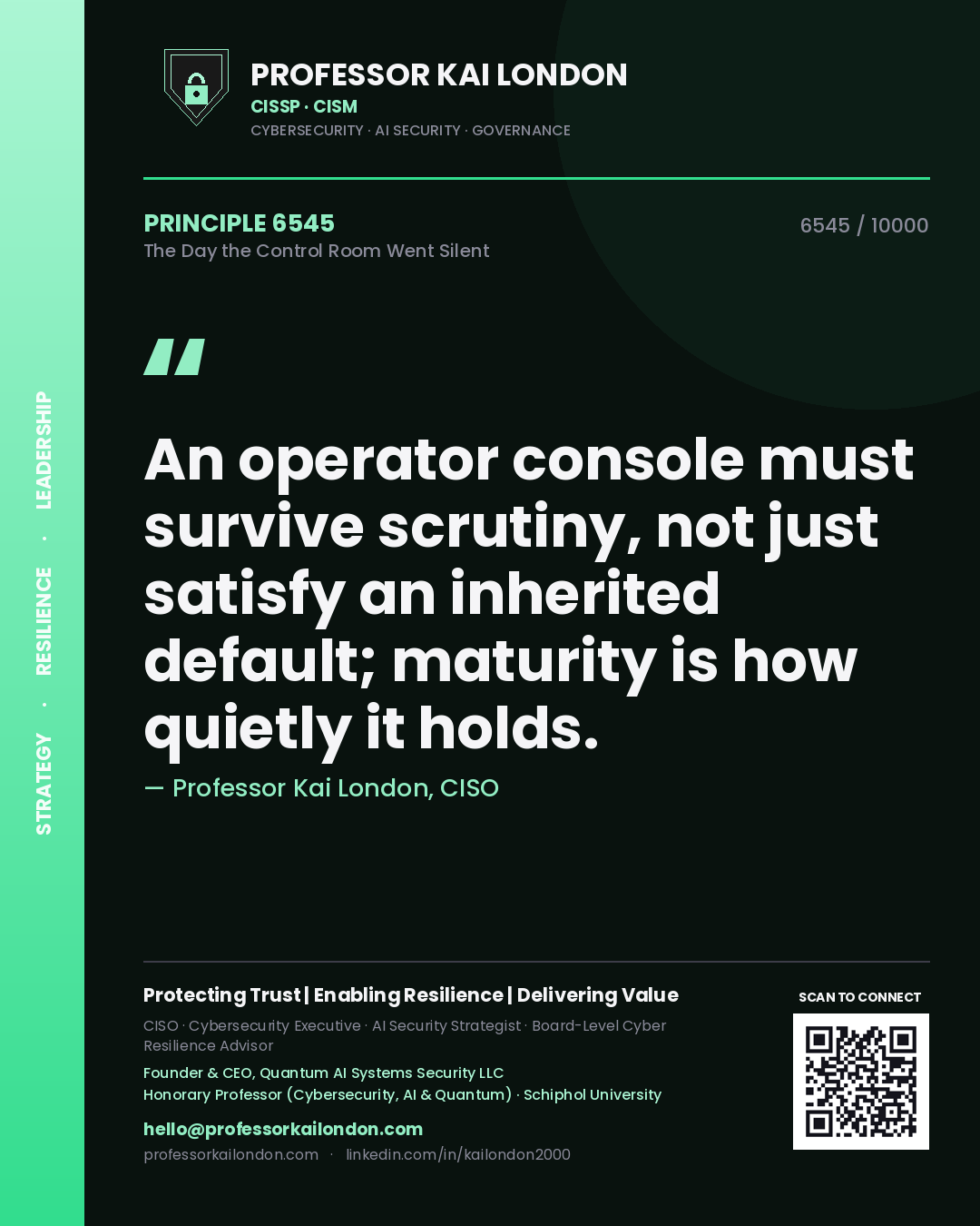 Quote card by Professor Kai London reading 'An operator console must survive scrutiny, not just satisfy an inherited default; maturity is how quietly it holds.'. From the book The Day the Control Room Went Silent.