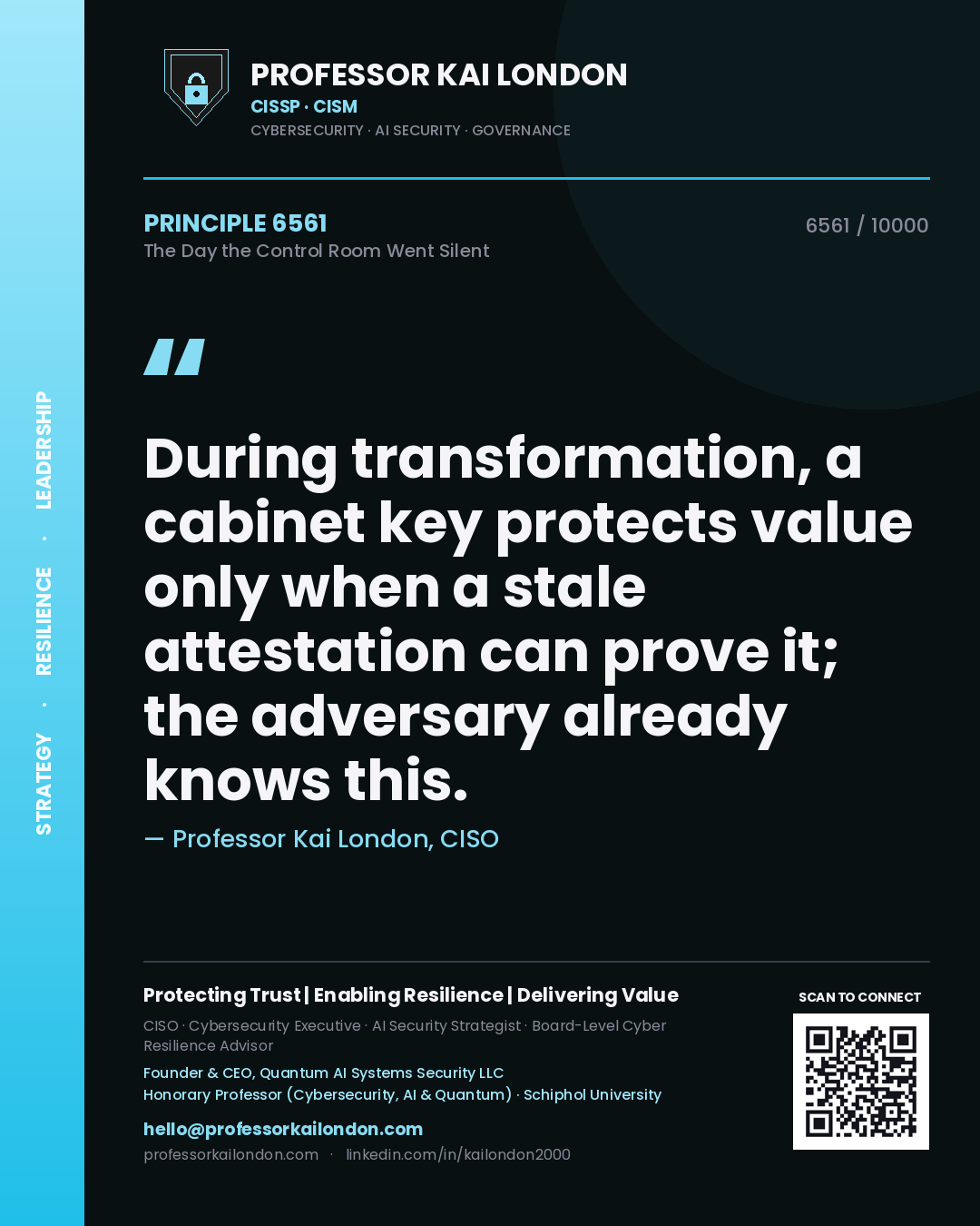 Quote card by Professor Kai London reading 'During transformation, a cabinet key protects value only when a stale attestation can prove it; the adversary already knows this.'. From the book The Day the Control Room Went Silent.