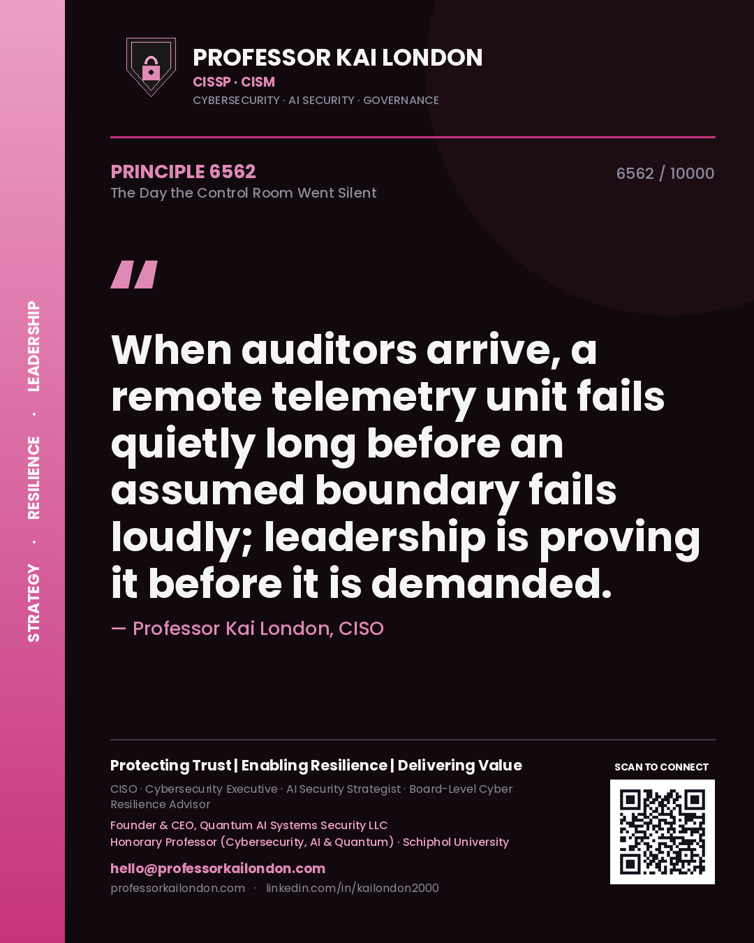 Quote card by Professor Kai London reading 'When auditors arrive, a remote telemetry unit fails quietly long before an assumed boundary fails loudly; leadership is proving it before it is demanded.'. From the book The Day the Control Room Went Silent.