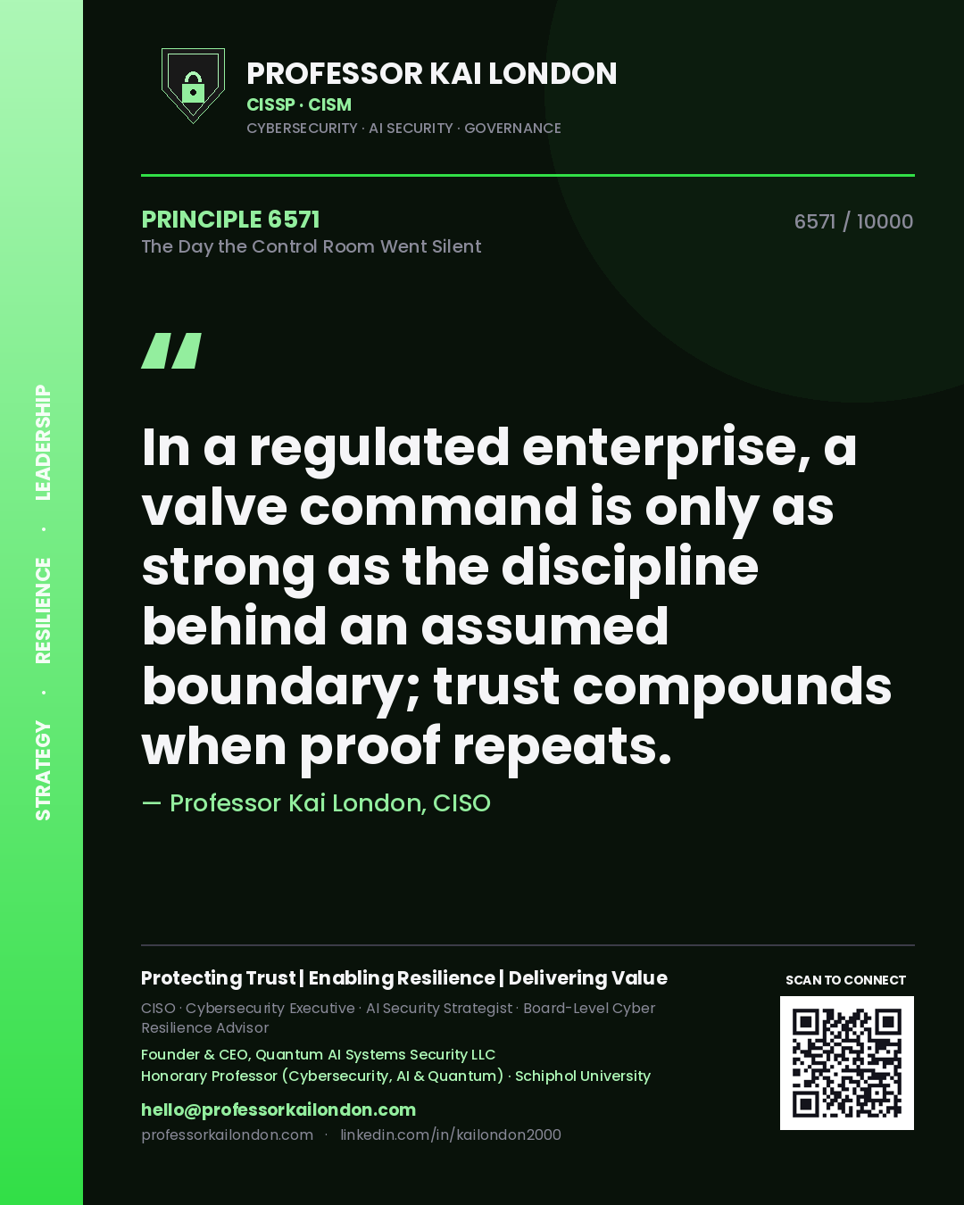 Quote card by Professor Kai London reading 'In a regulated enterprise, a valve command is only as strong as the discipline behind an assumed boundary; trust compounds when proof repeats.'. From the book The Day the Control Room Went Silent.