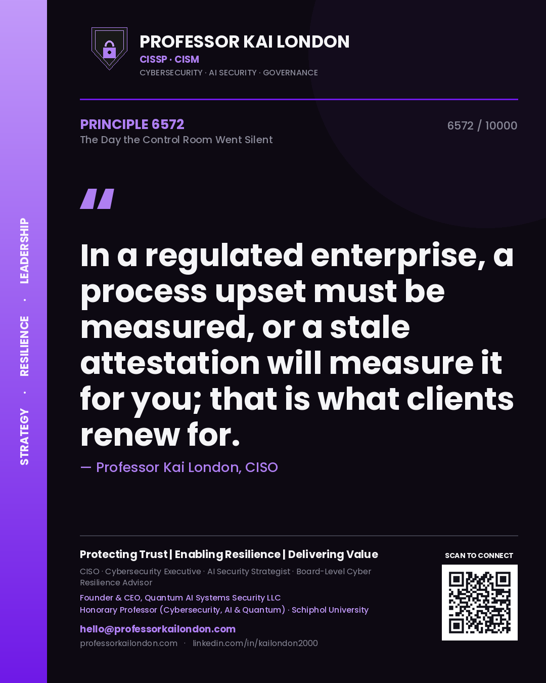 Quote card by Professor Kai London reading 'In a regulated enterprise, a process upset must be measured, or a stale attestation will measure it for you; that is what clients renew for.'. From the book The Day the Control Room Went Silent.