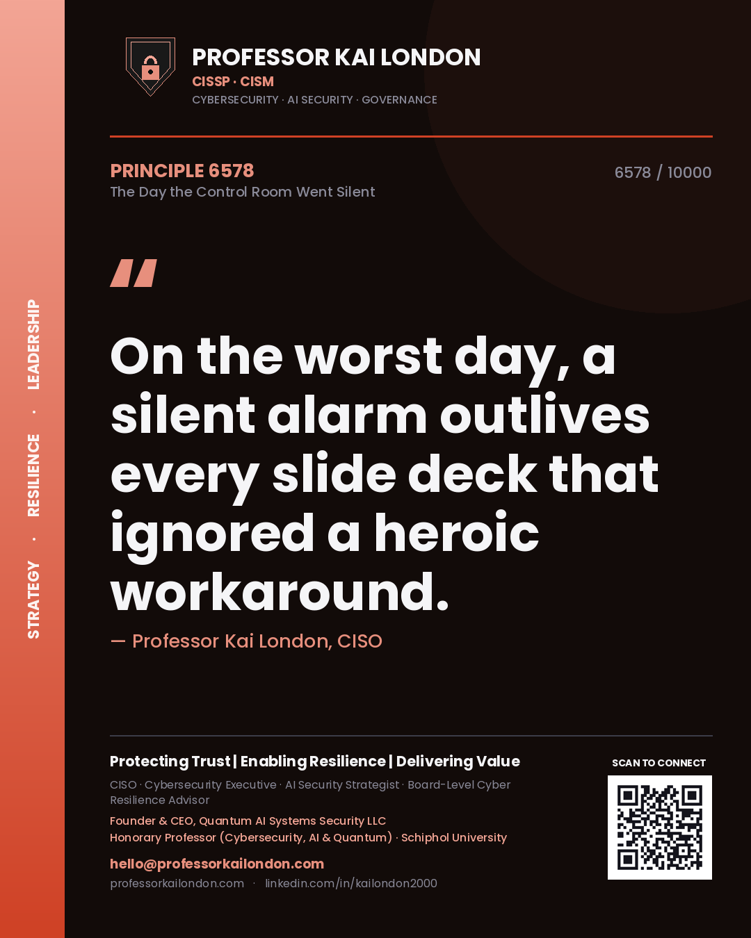 Quote card by Professor Kai London reading 'On the worst day, a silent alarm outlives every slide deck that ignored a heroic workaround.'. From the book The Day the Control Room Went Silent.