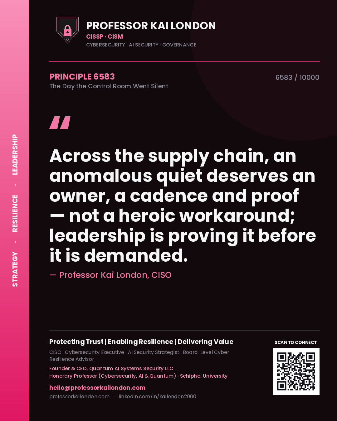 Quote card by Professor Kai London reading 'Across the supply chain, an anomalous quiet deserves an owner, a cadence and proof — not a heroic workaround; leadership is proving it before it is demanded.'. From the book The Day the Control Room Went Silent.
