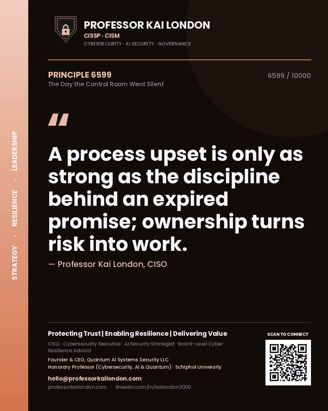 Quote card by Professor Kai London reading 'A process upset is only as strong as the discipline behind an expired promise; ownership turns risk into work.'. From the book The Day the Control Room Went Silent.