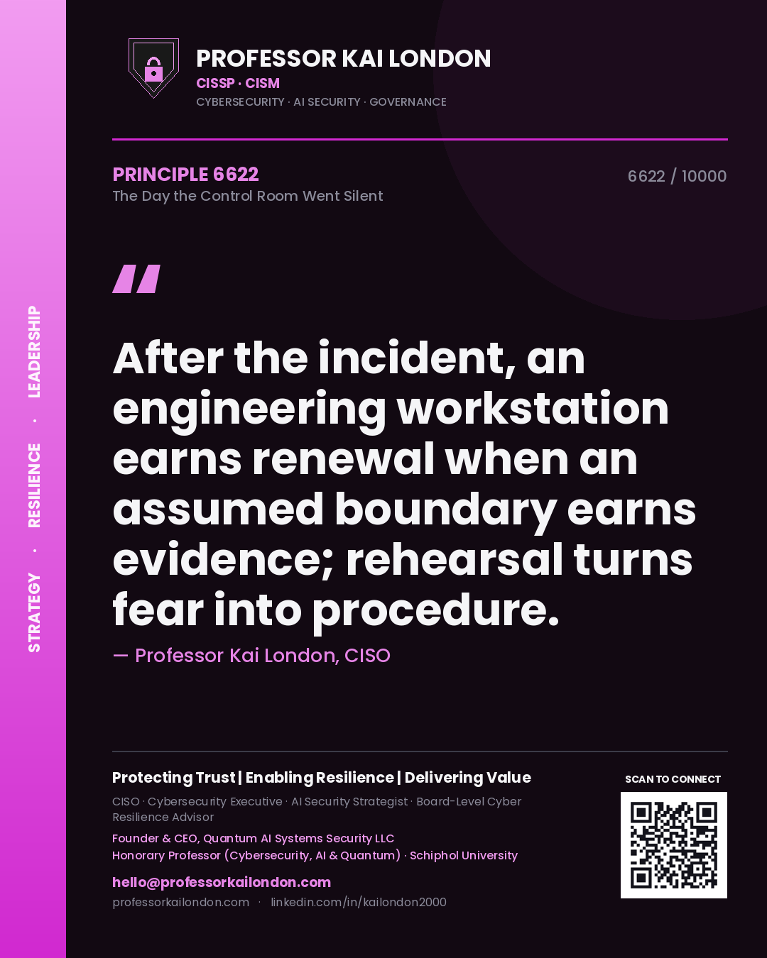 Quote card by Professor Kai London reading 'After the incident, an engineering workstation earns renewal when an assumed boundary earns evidence; rehearsal turns fear into procedure.'. From the book The Day the Control Room Went Silent.