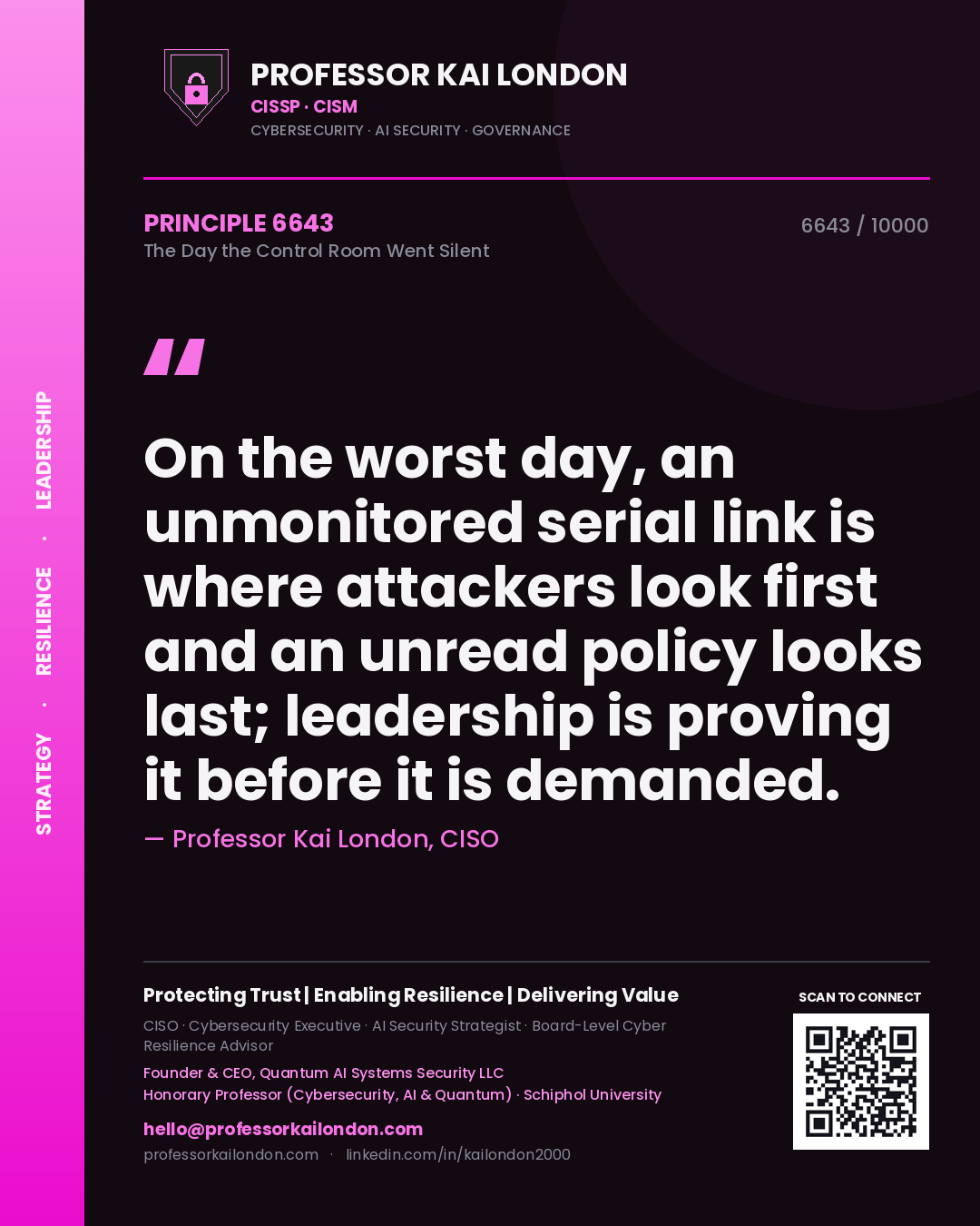 Quote card by Professor Kai London reading 'On the worst day, an unmonitored serial link is where attackers look first and an unread policy looks last; leadership is proving it before it is demanded.'. From the book The Day the Control Room Went Silent.