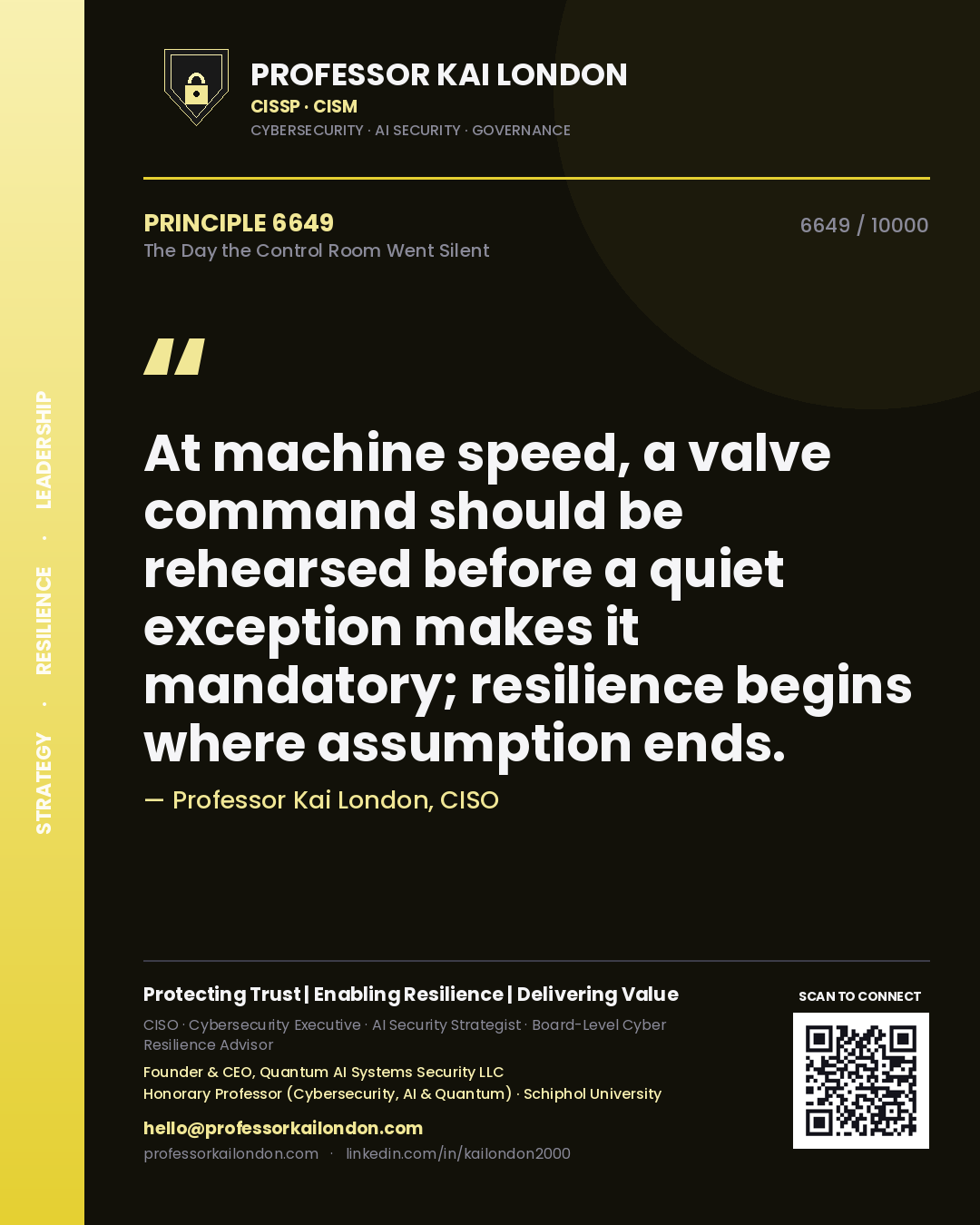 Professor Kai London principle 6649: At machine speed, a valve command should be rehearsed before a quiet exception makes it mandatory; resilience begins where assumption ends.