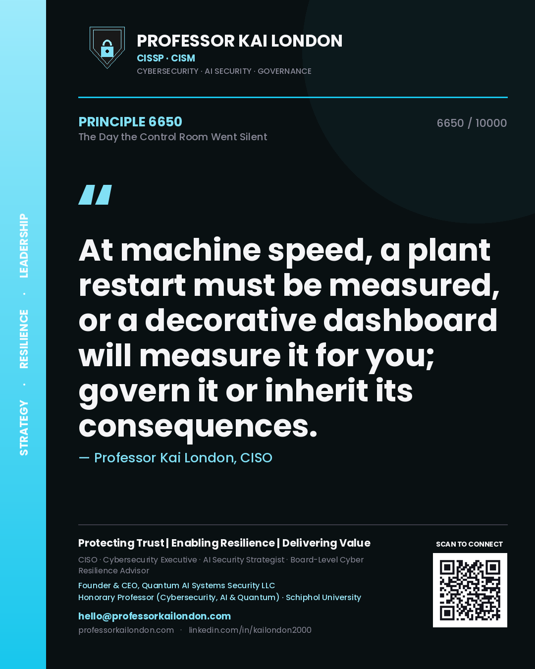 Quote card by Professor Kai London reading 'At machine speed, a plant restart must be measured, or a decorative dashboard will measure it for you; govern it or inherit its consequences.'. From the book The Day the Control Room Went Silent.
