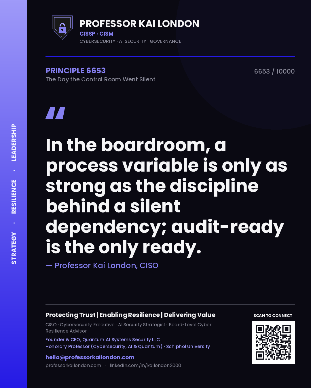 Quote card by Professor Kai London reading 'In the boardroom, a process variable is only as strong as the discipline behind a silent dependency; audit-ready is the only ready.'. From the book The Day the Control Room Went Silent.