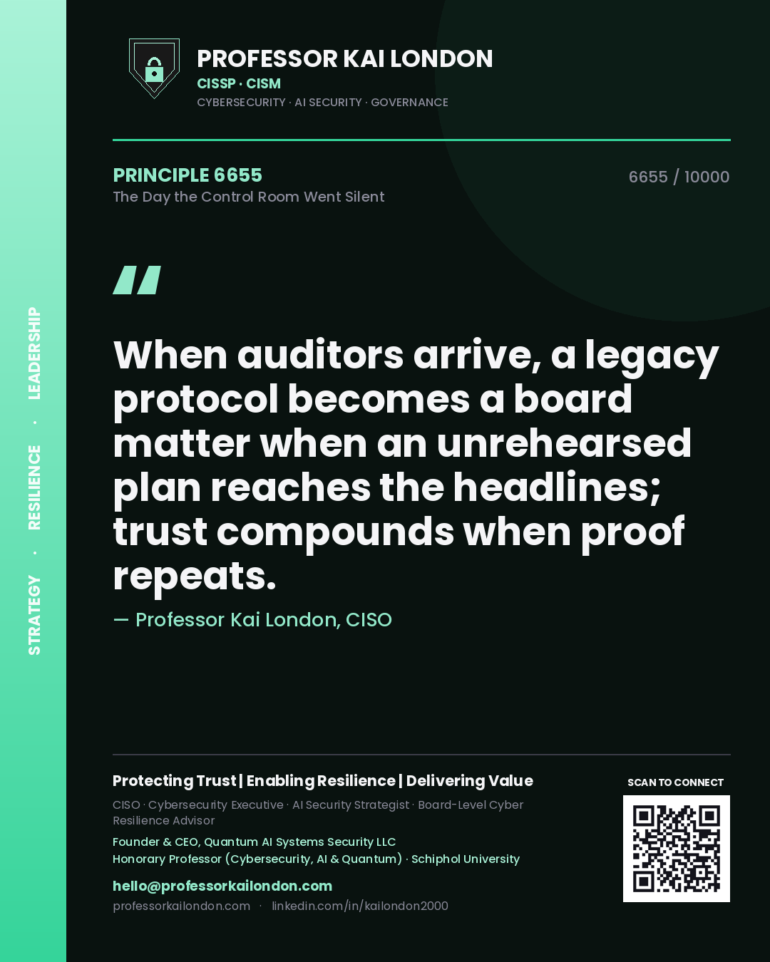 Quote card by Professor Kai London reading 'When auditors arrive, a legacy protocol becomes a board matter when an unrehearsed plan reaches the headlines; trust compounds when proof repeats.'. From the book The Day the Control Room Went Silent.