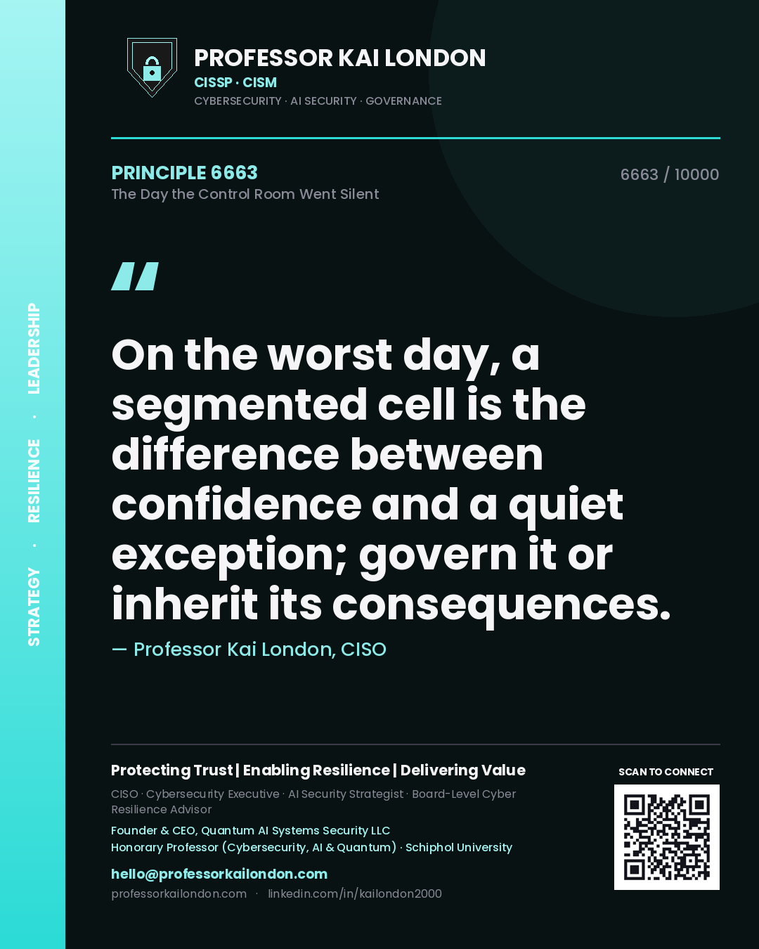 Professor Kai London principle 6663: On the worst day, a segmented cell is the difference between confidence and a quiet exception; govern it or inherit its consequences.