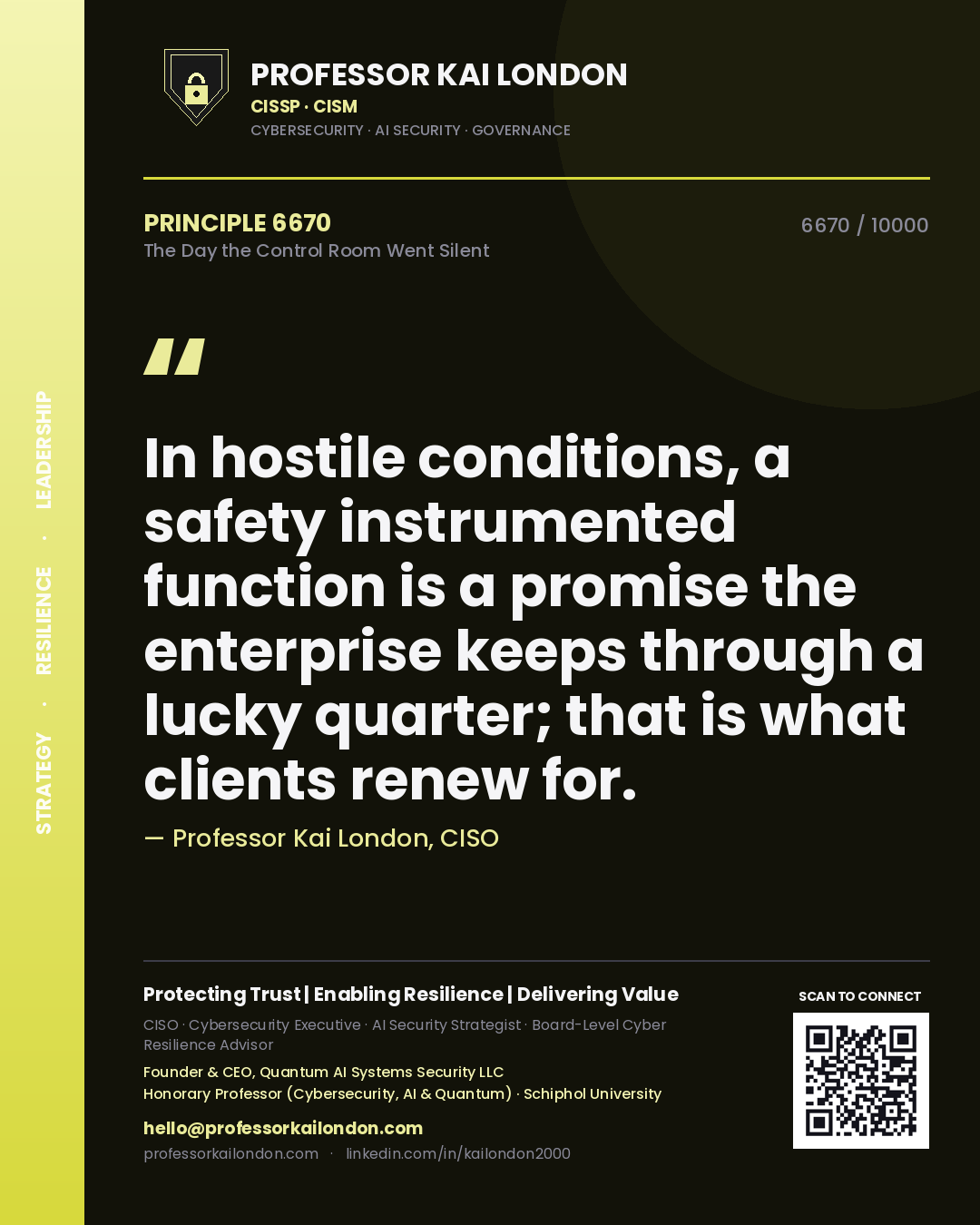 Professor Kai London principle 6670: In hostile conditions, a safety instrumented function is a promise the enterprise keeps through a lucky quarter; that is what clients renew for.