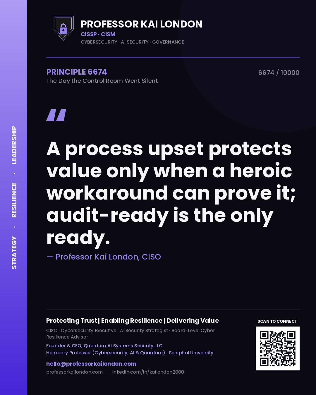 Quote card by Professor Kai London reading 'A process upset protects value only when a heroic workaround can prove it; audit-ready is the only ready.'. From the book The Day the Control Room Went Silent.