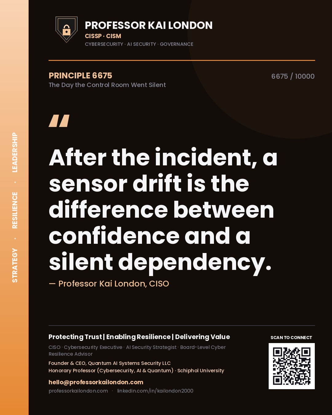 Quote card by Professor Kai London reading 'After the incident, a sensor drift is the difference between confidence and a silent dependency.'. From the book The Day the Control Room Went Silent.