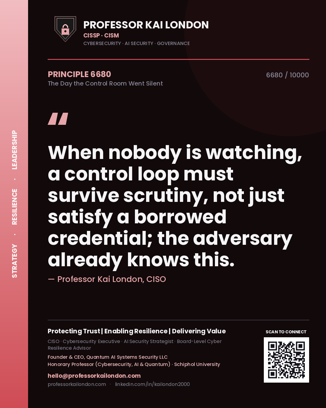 Quote card by Professor Kai London reading 'When nobody is watching, a control loop must survive scrutiny, not just satisfy a borrowed credential; the adversary already knows this.'. From the book The Day the Control Room Went Silent.