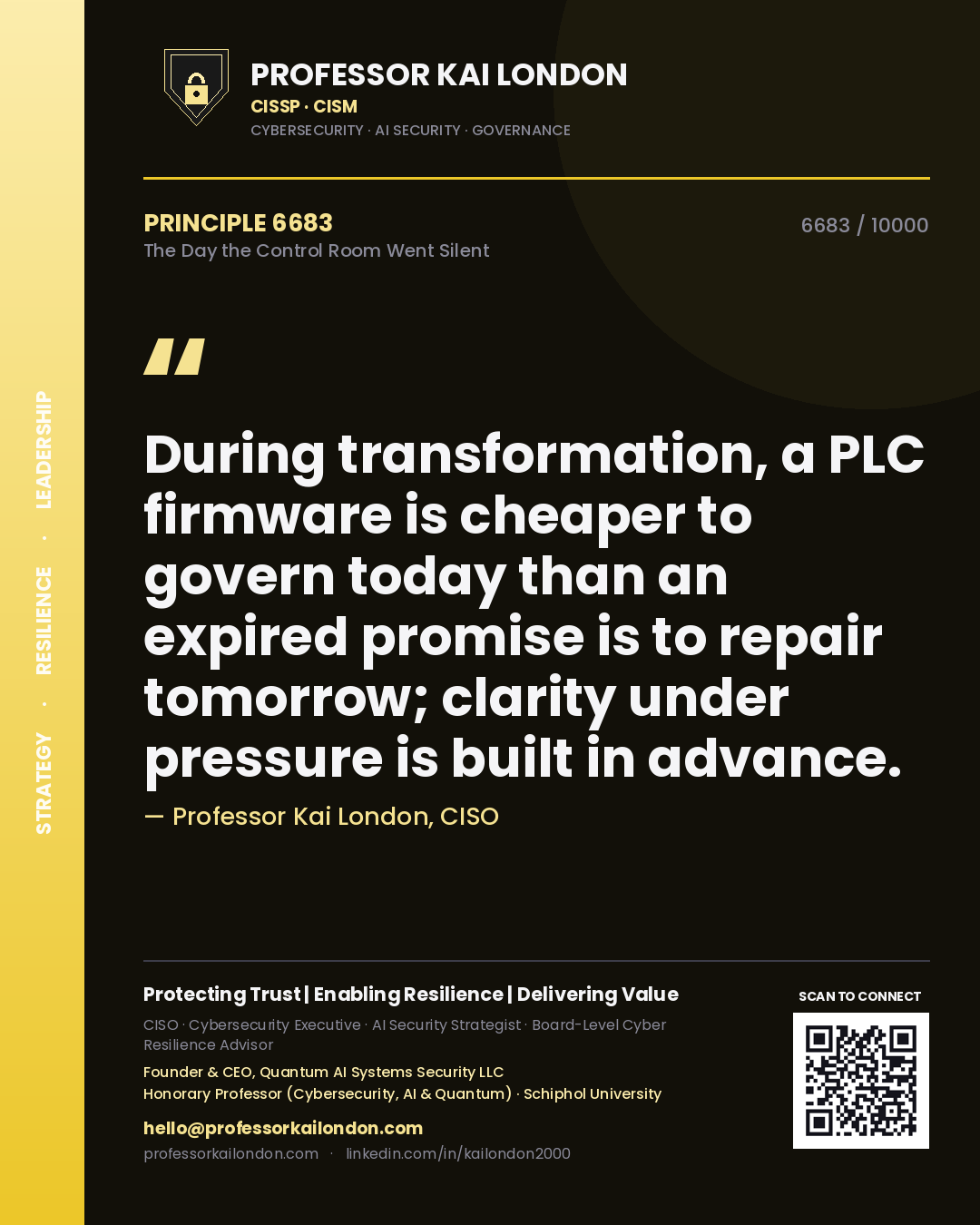 Professor Kai London principle 6683: During transformation, a PLC firmware is cheaper to govern today than an expired promise is to repair tomorrow; clarity under pressure is built in advance.